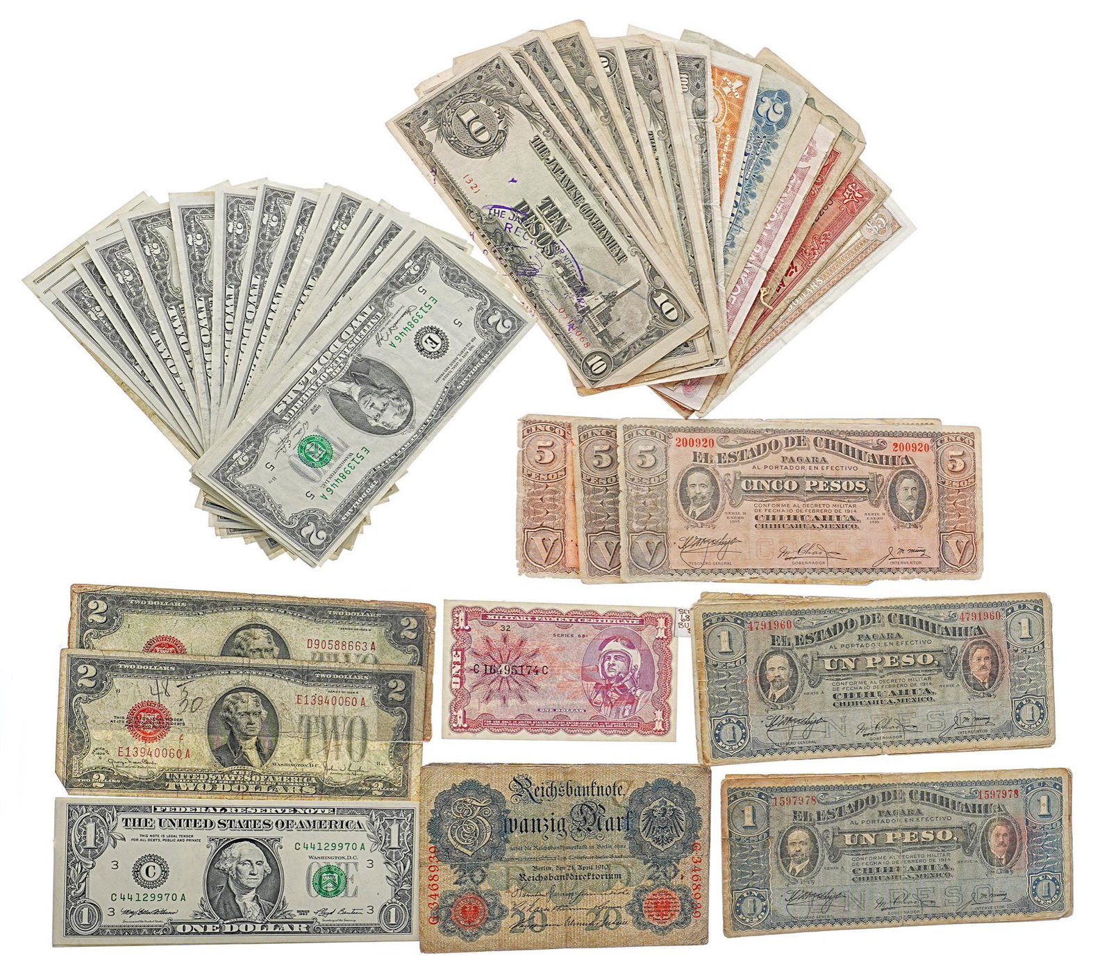 Collection of Miscellaneous US Foreign Paper Currency: Collection includes: (33) $2 bills, (5) 20 zwanzig marks from 1910-1914, (23) rare Revolutionary Mexico state of Chihuahua paper pesos, large assortment of middle east and far east paper currencies, (