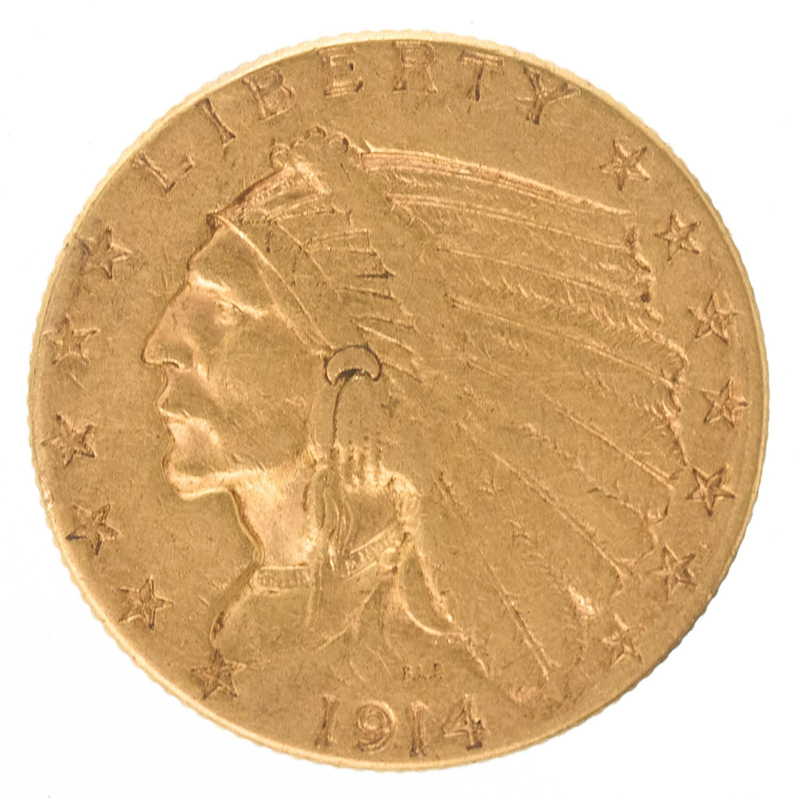 1914 $2.50 Indian Head Quarter Eagle Gold Coin: 1914 USA $2.50 gold Indian head quarter eagle coin, XF -Total Weight: 4.1g Provenance: A Seguin, Texas Estate We will happily provide seamless shipping services on this lot. Please email us at shippin