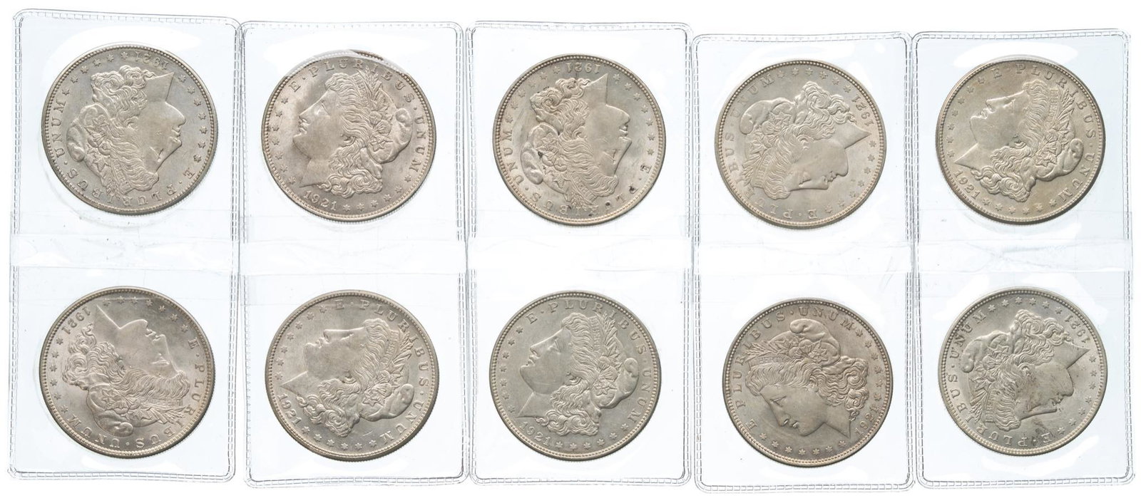 Lot of 10 Uncirculated 1921 Morgan Silver Dollars: Lot of 10 Uncirculated 1921 Morgan Silver Dollars, MS-60 or better (3) 1921-S, (1) 1921-D, (6) 1921 Philadelphia mint Provenance: The Estate of Joan & Herbert Hahn (San Antonio, Texas) We will hap