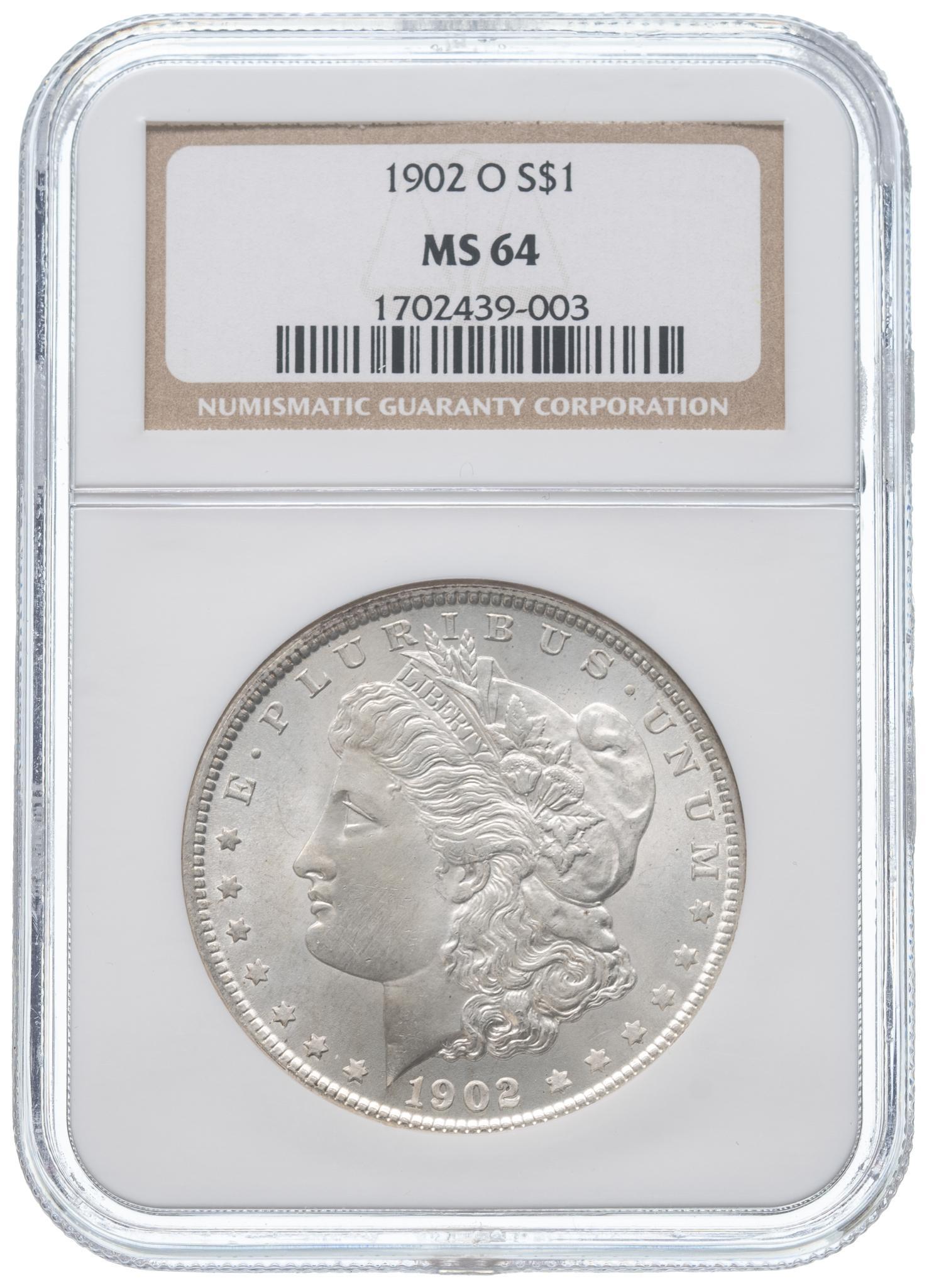1902-O Morgan Silver Dollar NGC Uncirculated MS-64: 1902-O Morgan silver dollar MS-64 NGC certified uncirculated Provenance: The Estate of Joan & Herbert Hahn (San Antonio, Texas) We will happily provide seamless shipping services on this lot. Plea