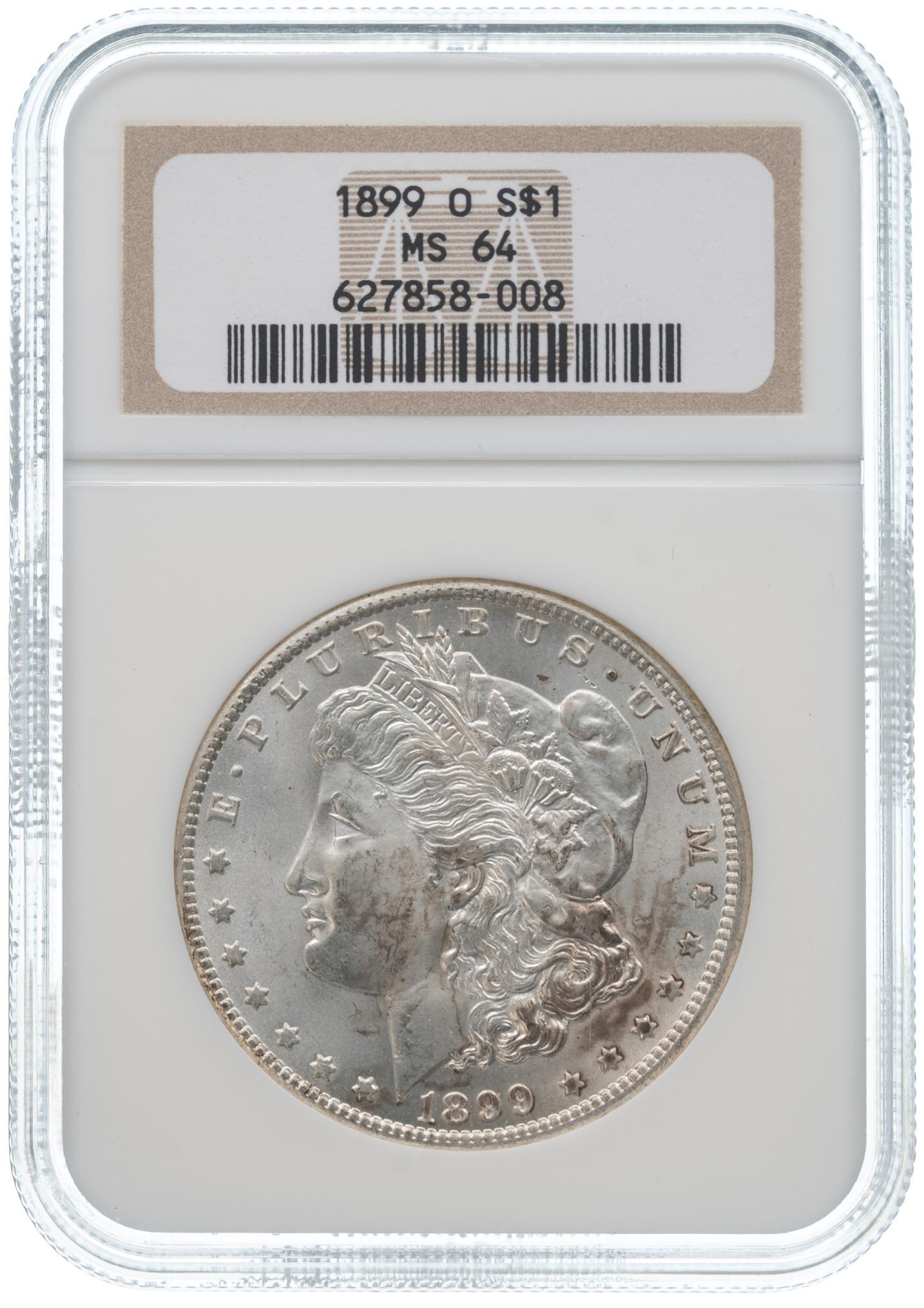 1899-O Morgan Silver Dollar NGC Uncirculated MS-64: 1899-O Morgan silver dollar MS-64 NGC certified uncirculated Provenance: The Estate of Joan & Herbert Hahn (San Antonio, Texas) We will happily provide seamless shipping services on this lot. Plea