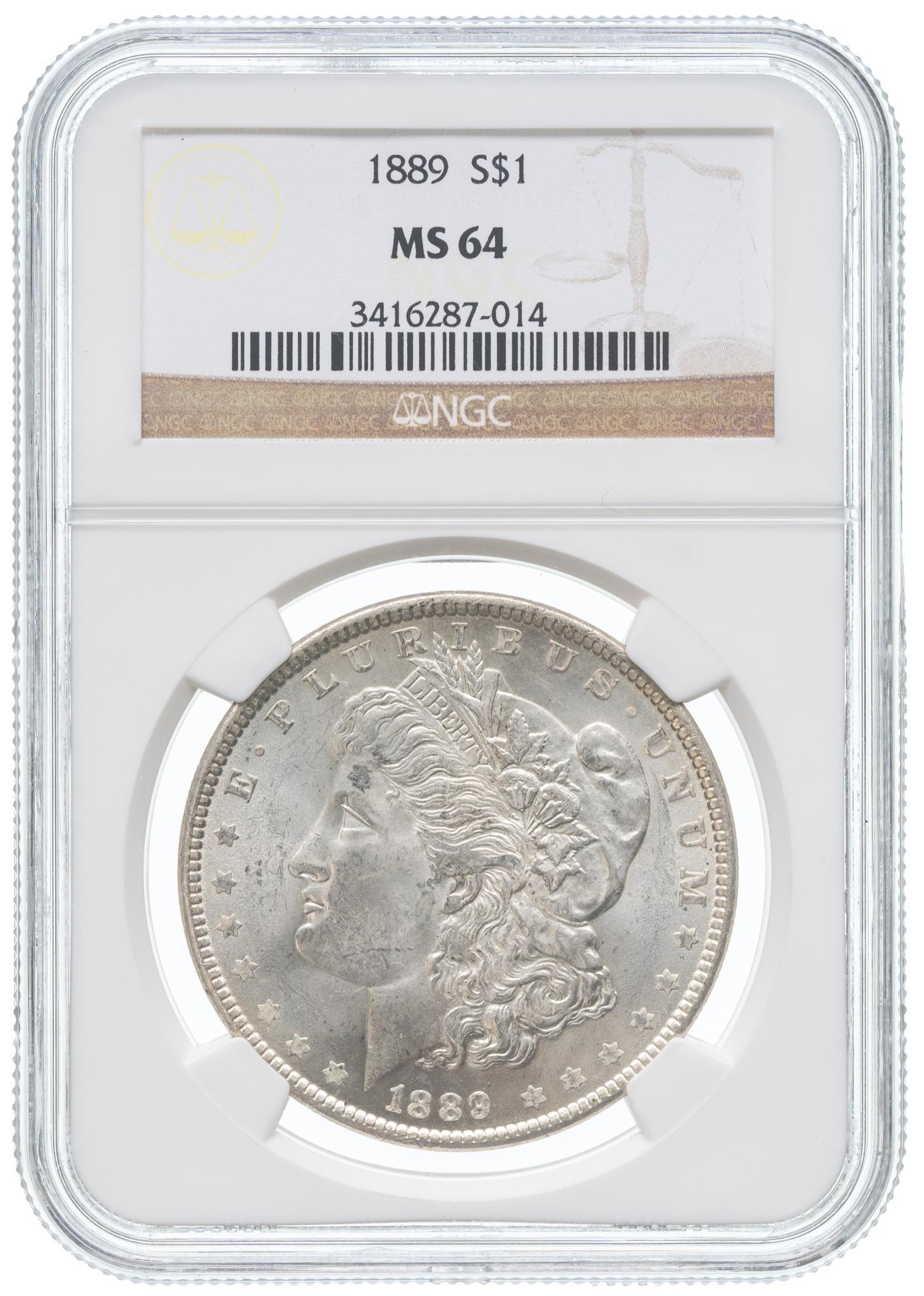 1889 Morgan Silver Dollar NGC Uncirculated MS-64: 1889 Morgan silver dollar MS-64 NGC certified uncirculated Provenance: The Estate of Joan & Herbert Hahn (San Antonio, Texas) We will happily provide seamless shipping services on this lot. Please