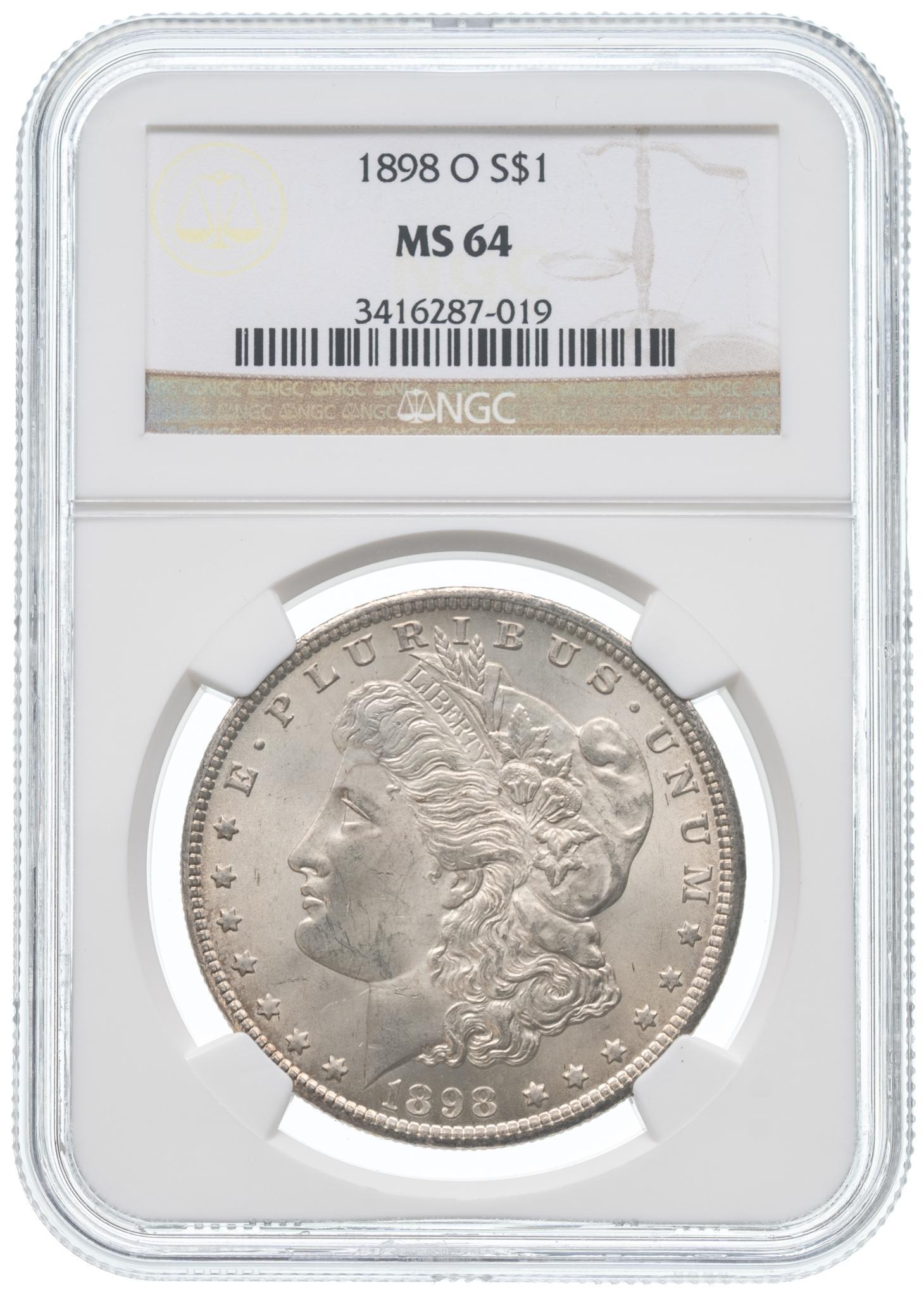1898-O Morgan Silver Dollar NGC Uncirculated MS-64: 1898-O Morgan silver dollar MS-64 NGC certified uncirculated Provenance: The Estate of Joan & Herbert Hahn (San Antonio, Texas) We will happily provide seamless shipping services on this lot. Plea