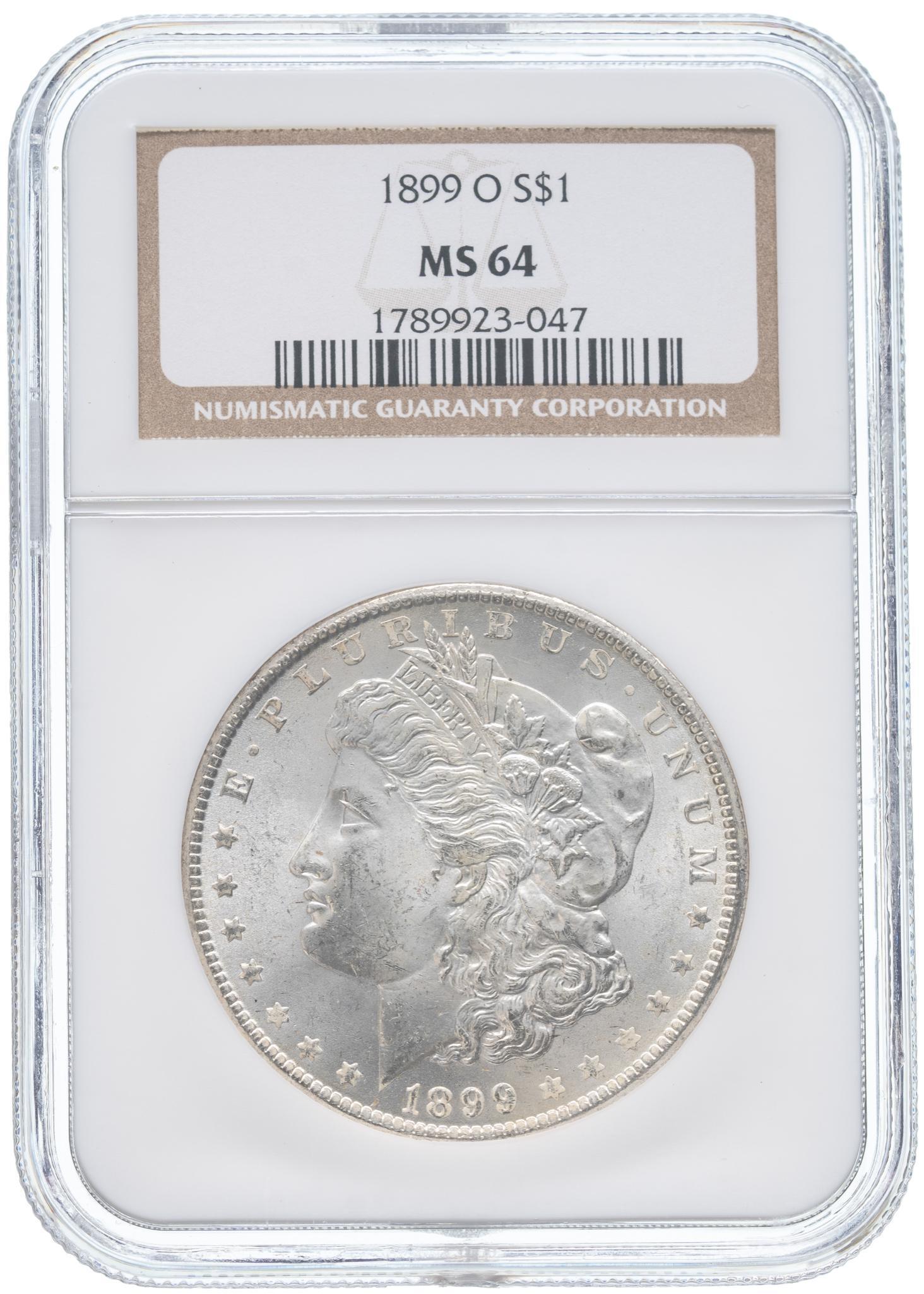 1899-O Morgan Silver Dollar NGC Uncirculated MS-64: 1899-O Morgan silver dollar MS-64 NGC certified uncirculated Provenance: The Estate of Joan & Herbert Hahn (San Antonio, Texas) We will happily provide seamless shipping services on this lot. Plea