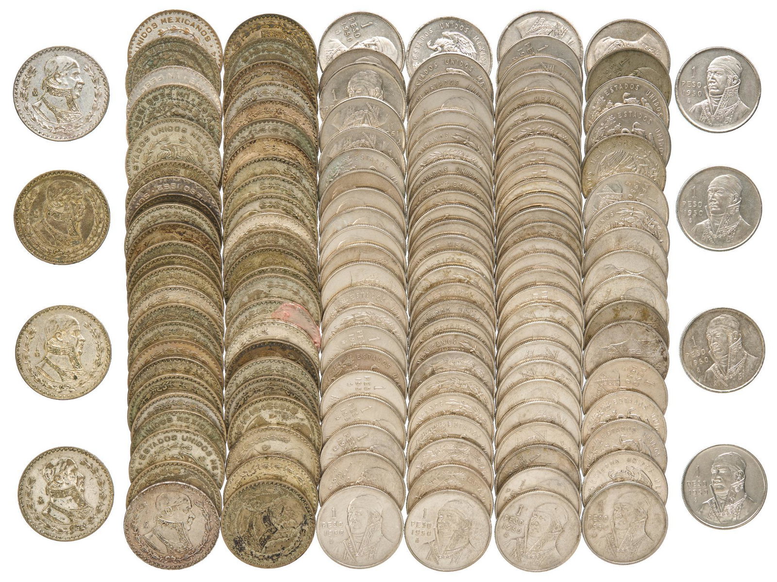 Lot of Jose Morelos Mexico Silver 1 Peso Coins: Includes (70) 1950 1 Peso (KM457) 30% silver coins, and (53) 1957-1967 1 Peso (KM459) 10% silver coins (historical last ever Mexico silver "dollar"). Total approx. ASW 23.72 ozt Provenance: In