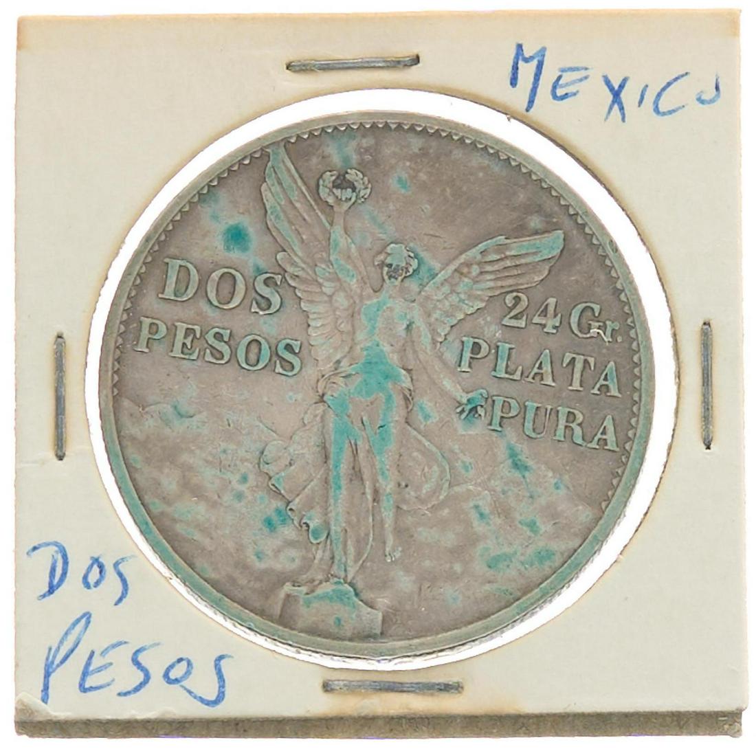 1921 "Plata Pura" Mexican Silver Libertad Dos Pesos: 24 grams pure silver, Mexico 1921 Liberty 2 peso coin with winged victory. €â€¹€â€¹€â€¹€â€¹€â€¹€â€¹€â€¹Provenance: A San Antonio, Texas E