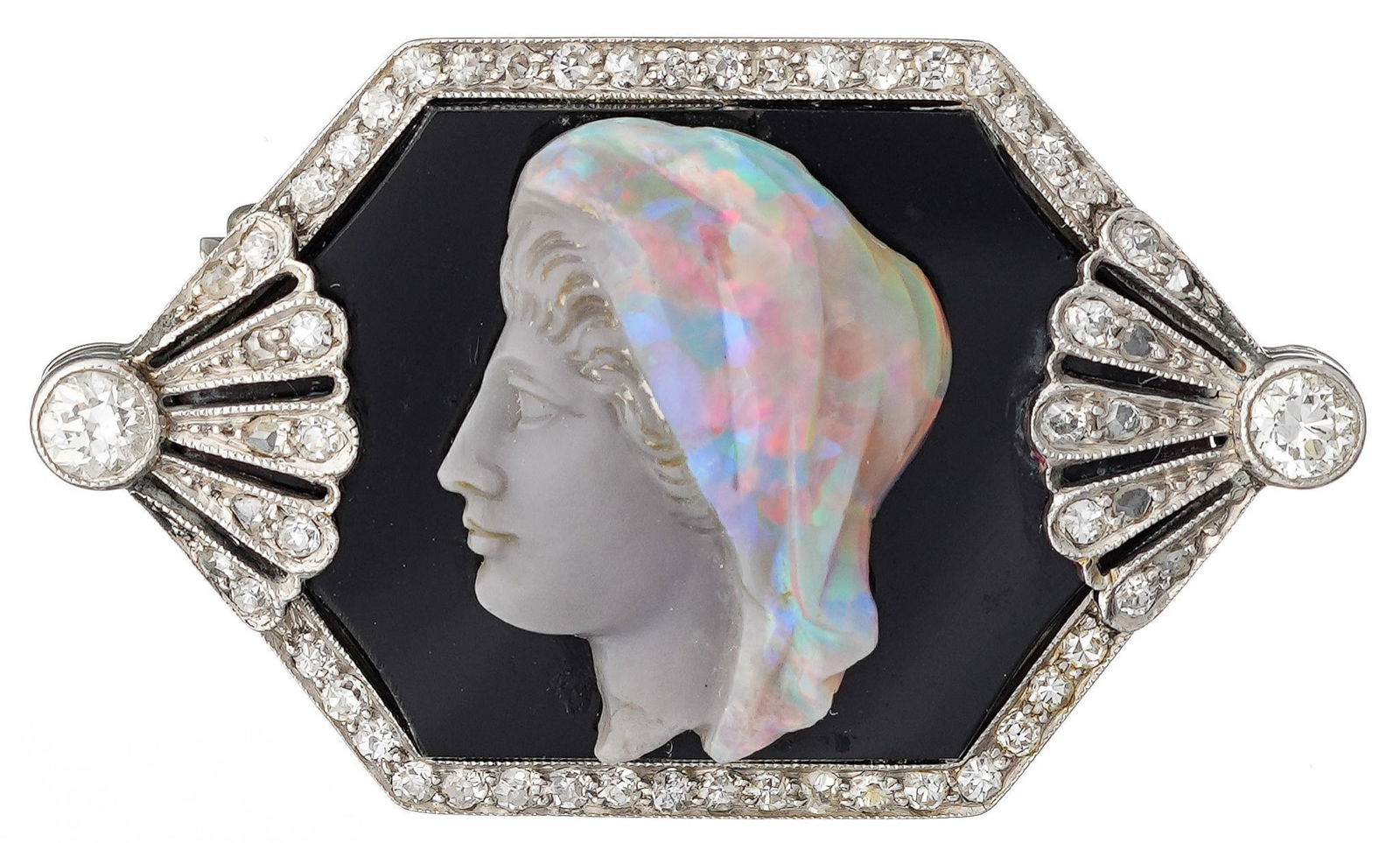 Antique Opal Cameo Diamond Platinum Brooch (1 of 3)