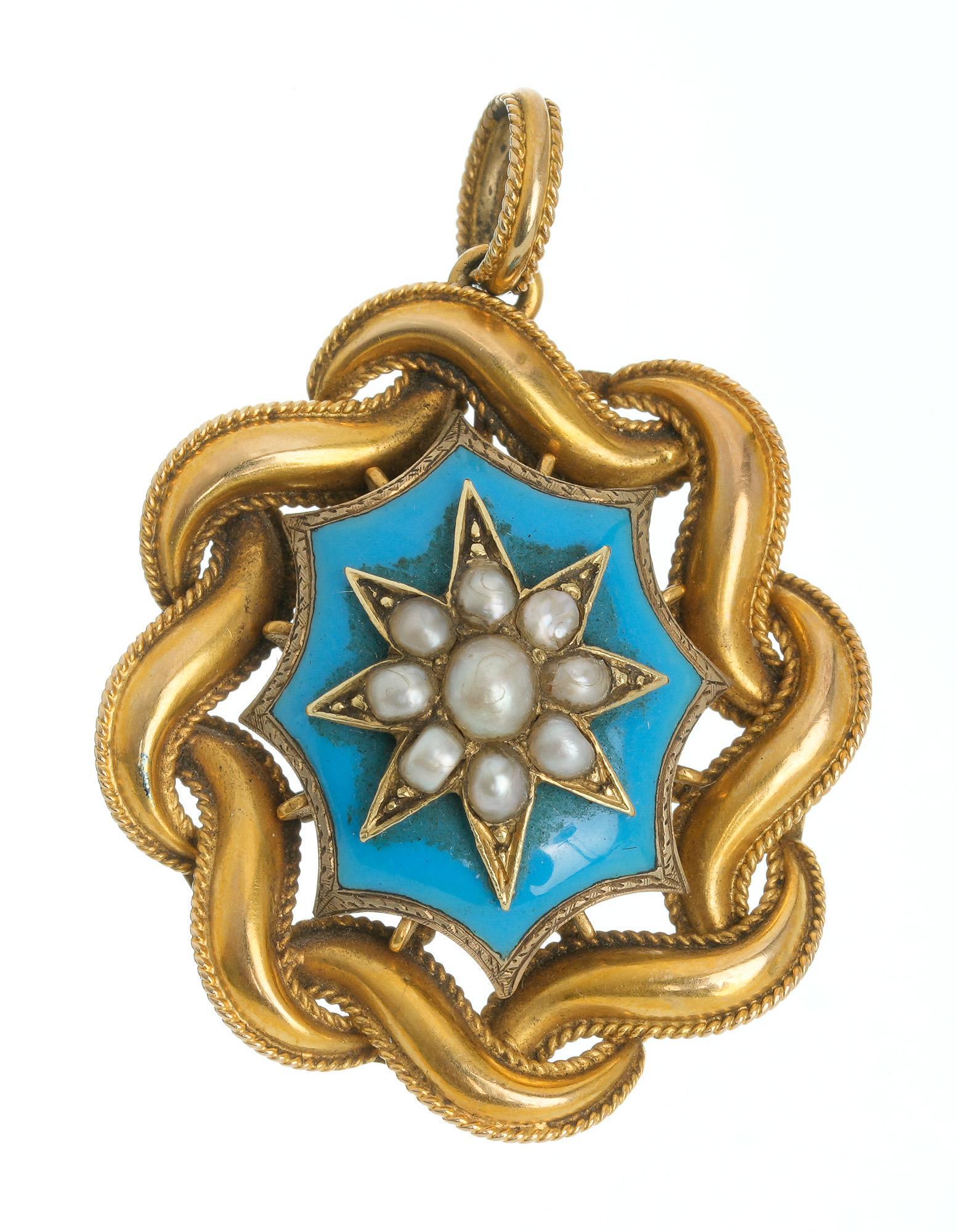 Victorian Turquoise Blue Enamel Pearl 18k Gold Pendant: Antique 18k gold pendant having robin's egg blue enamel, pearl star flower center and glass back compartment Length 1 1/2; (including bail), width: 1 1/8;; total weight 8.2 grams Provenance: Forme