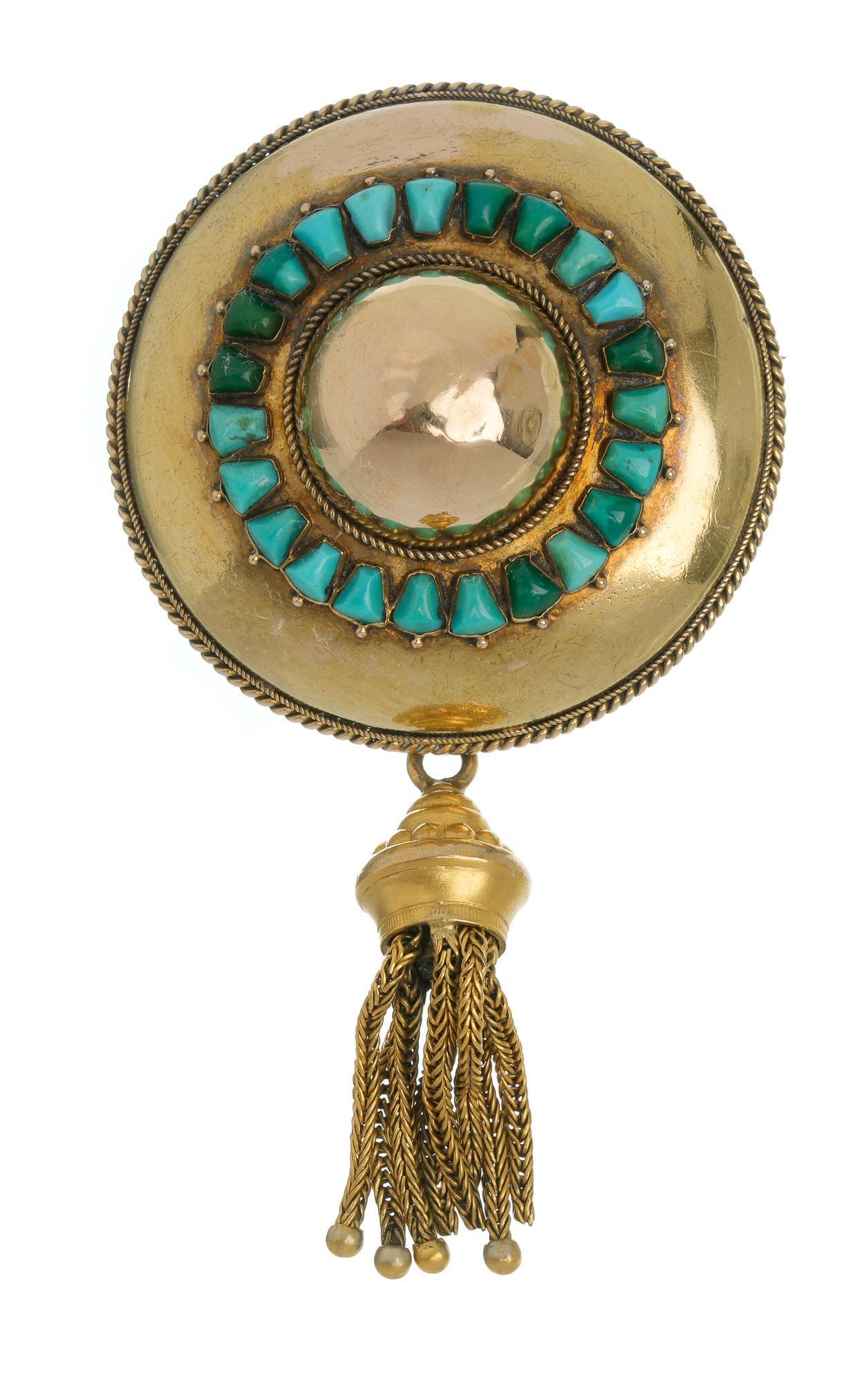 Victorian Turquoise 14k Gold Tassel Brooch: Antique 14k gold tassel brooch with 24 calibre cut turquoise and glass back compartment Length 2 7/8; including bail, width 1 1/2;; total weight 16.5 grams Provenance: Former inventory from a long-clo