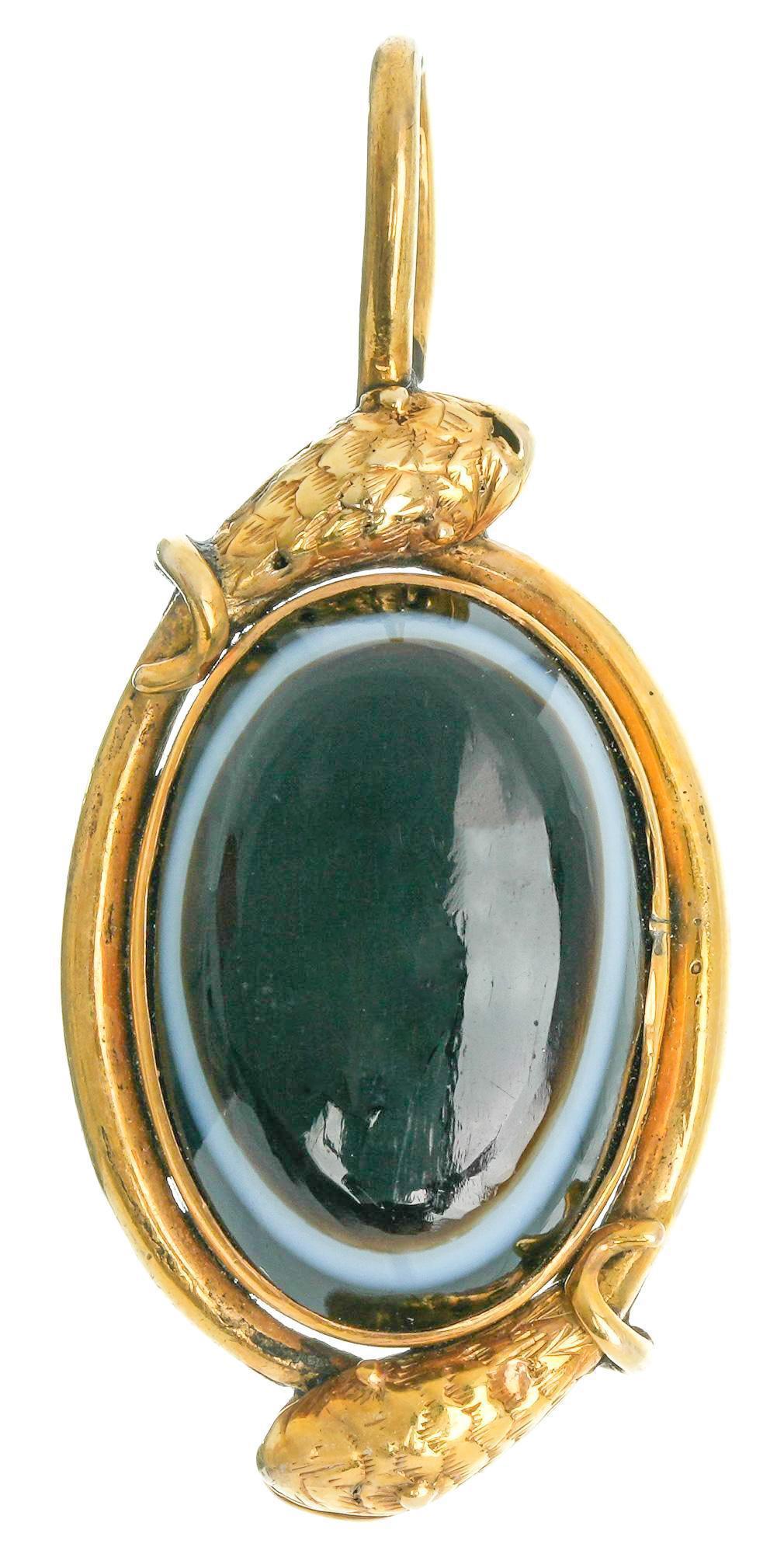 Victorian Snake Agate 14k Gold Mourning Pendant (1 of 2)