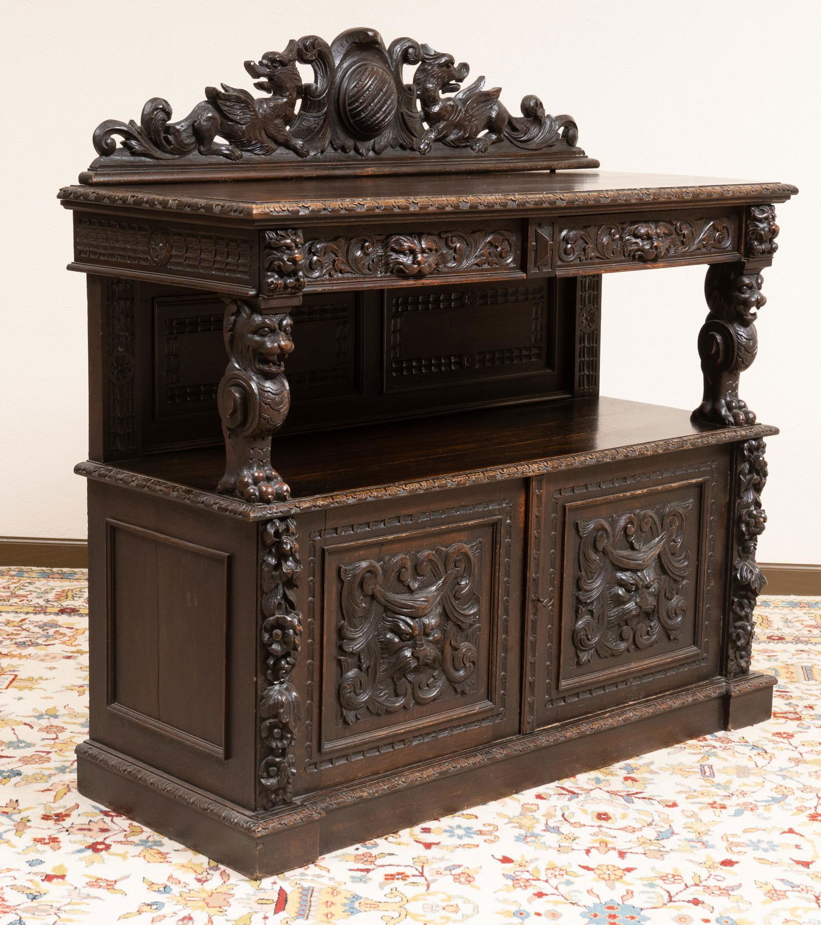 19th C. Carved Oak Two-Tiered Court Cupboard (1 of 5)