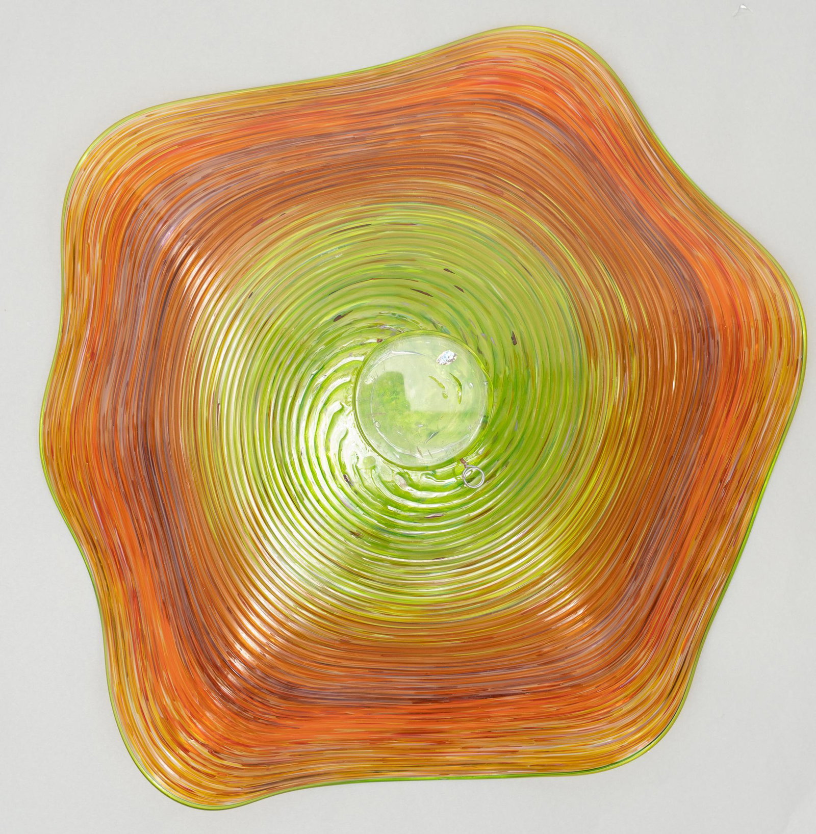 Garcia Art Glass Decorative Dish: Garcia Art Glass (San Antonio, TX) hand-blown decorative dish, having organic shape and polychrome design, marked 24"h x 25"w x 8"d We happily provide seamless shipping services on everyth