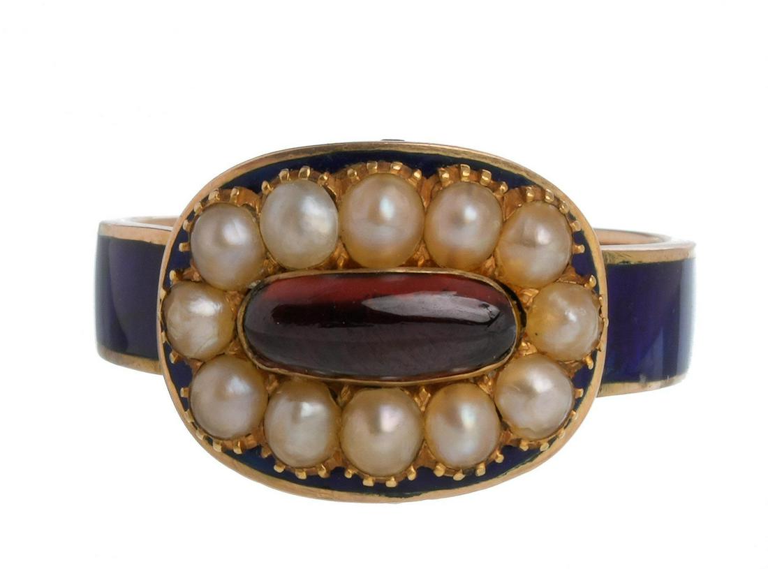 Early Victorian Garnet Pearl Enamel 14k Gold Ring (1 of 5)