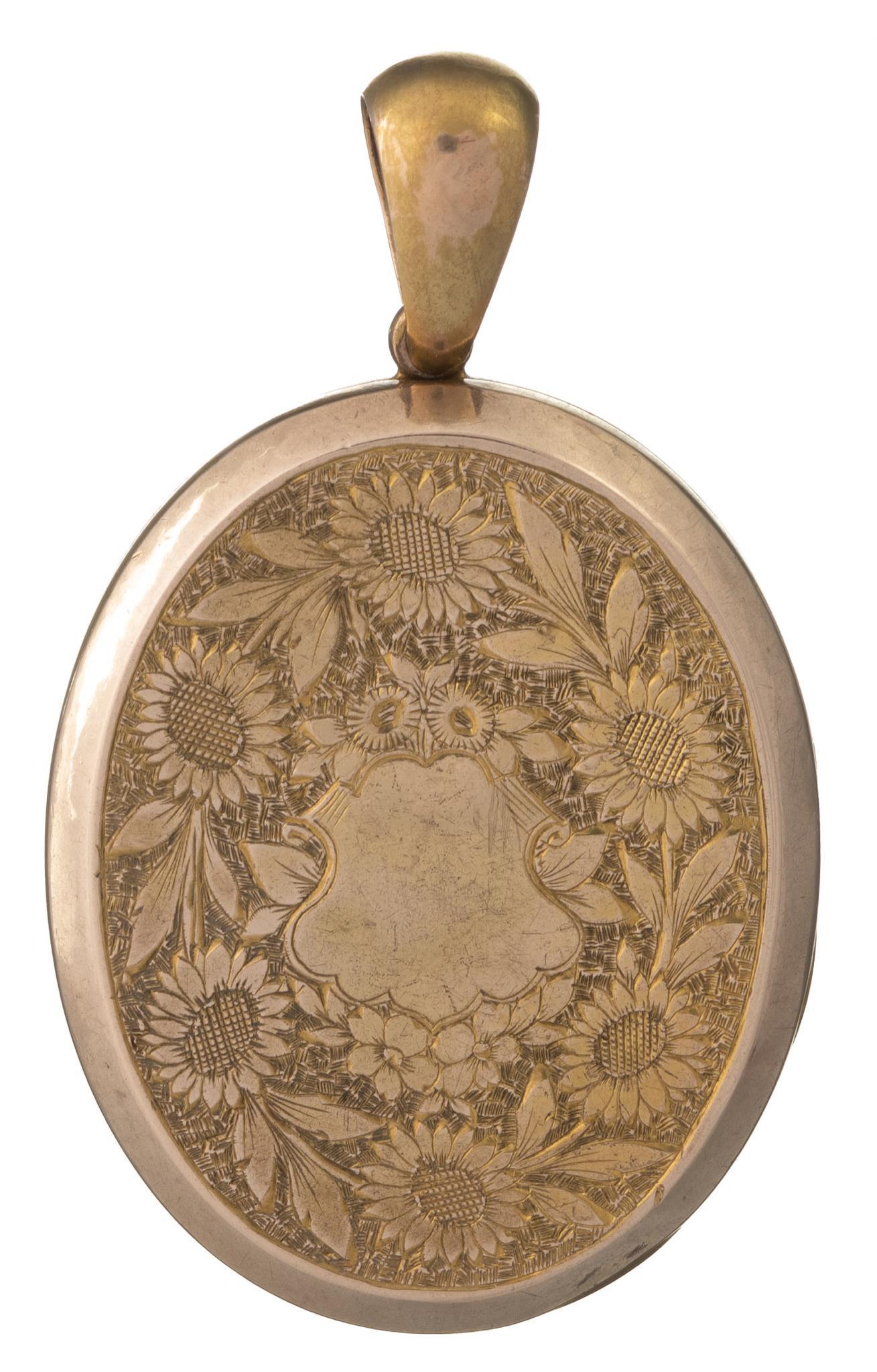 Victorian Engraved Sunflower 14k Gold Locket (1 of 3)