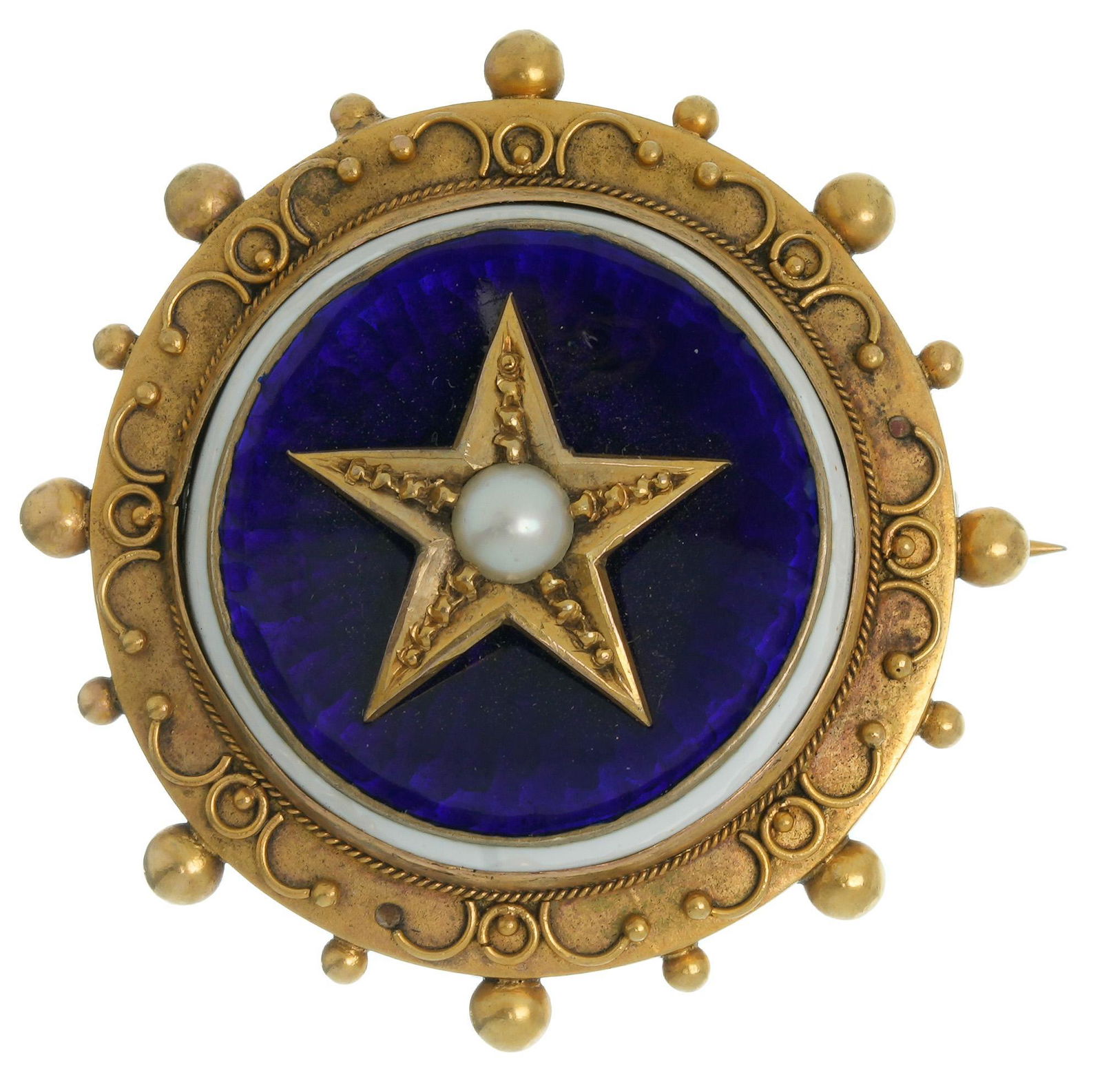 Antique Cobalt Enamel Pearl 14k Gold Brooch (1 of 2)