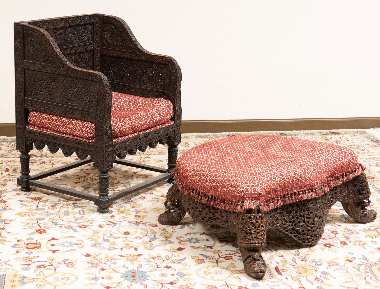 Burmese Anglo-Raj Style Carved Arm Chair and Ottoman (1 of 4)