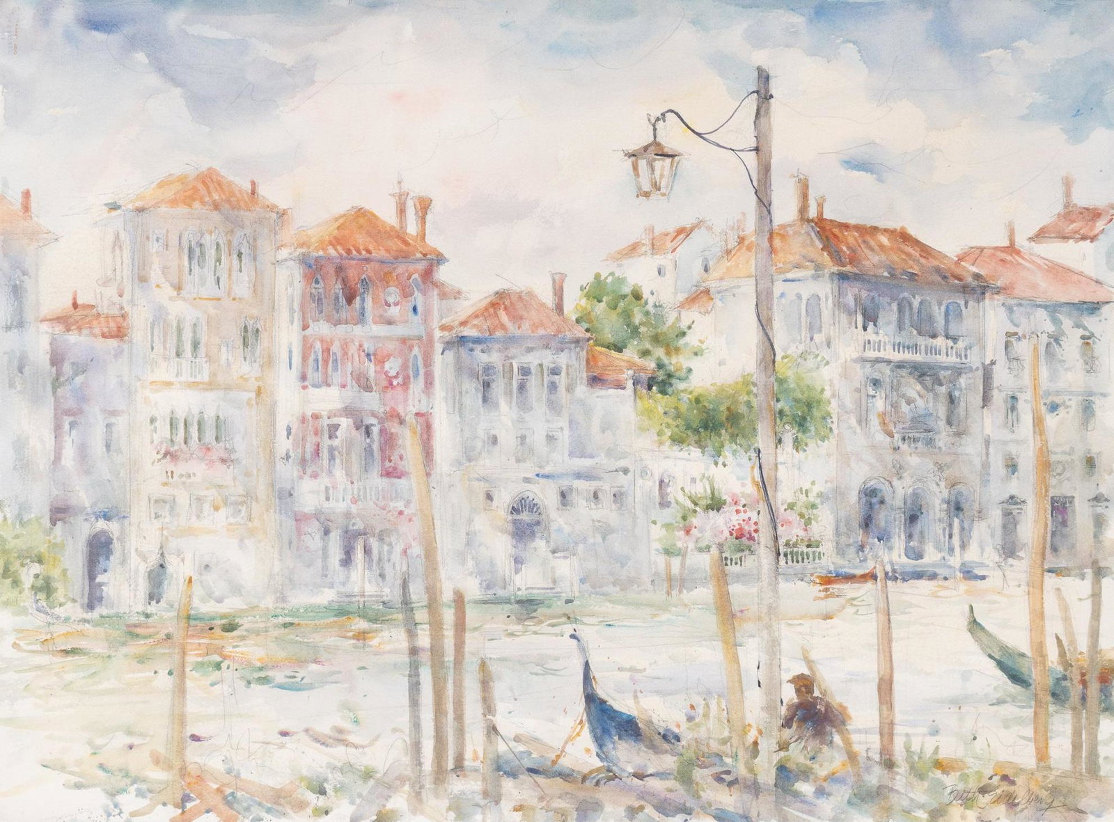 Beth Eidelberg (1933-2018), "Grand Canal, Venice": Beth Eidelberg (1933-2018), "Grand Canal, Venice", watercolor, signed, framed sight: 22 x 30", frame: 32 x 40" Eidelberg was well known in the San Antonio fine arts community for over 