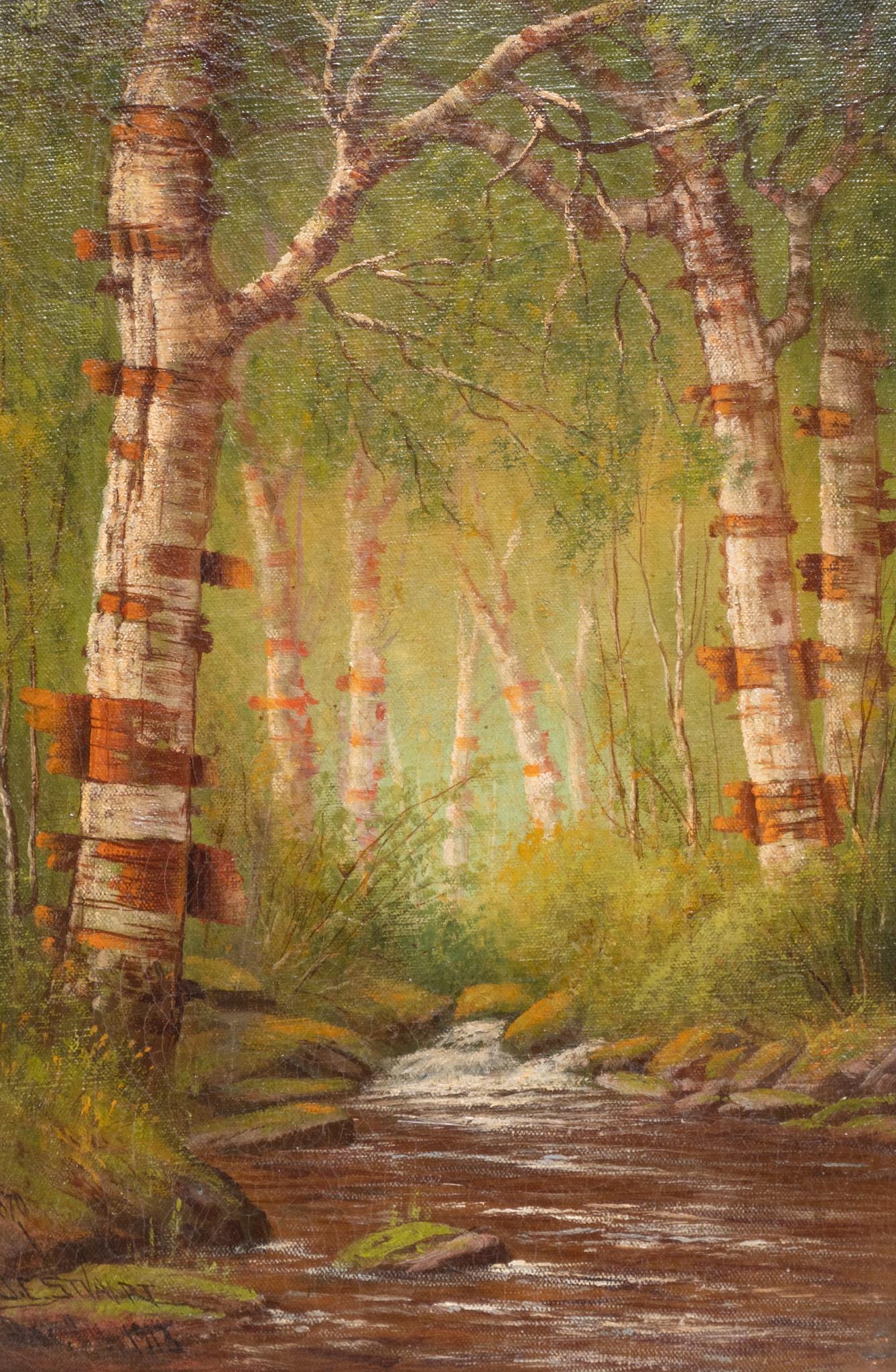 J. E. Stuart, "Brook and Birch Trees Near Dover, England", 1913: J. E. Stuart, "Brook and Birch Trees Near Dover, England", 1913, oil on canvas, sight: 17.5 x 12", frame: 23 x 17.5" We happily provide seamless shipping services on everything we sell