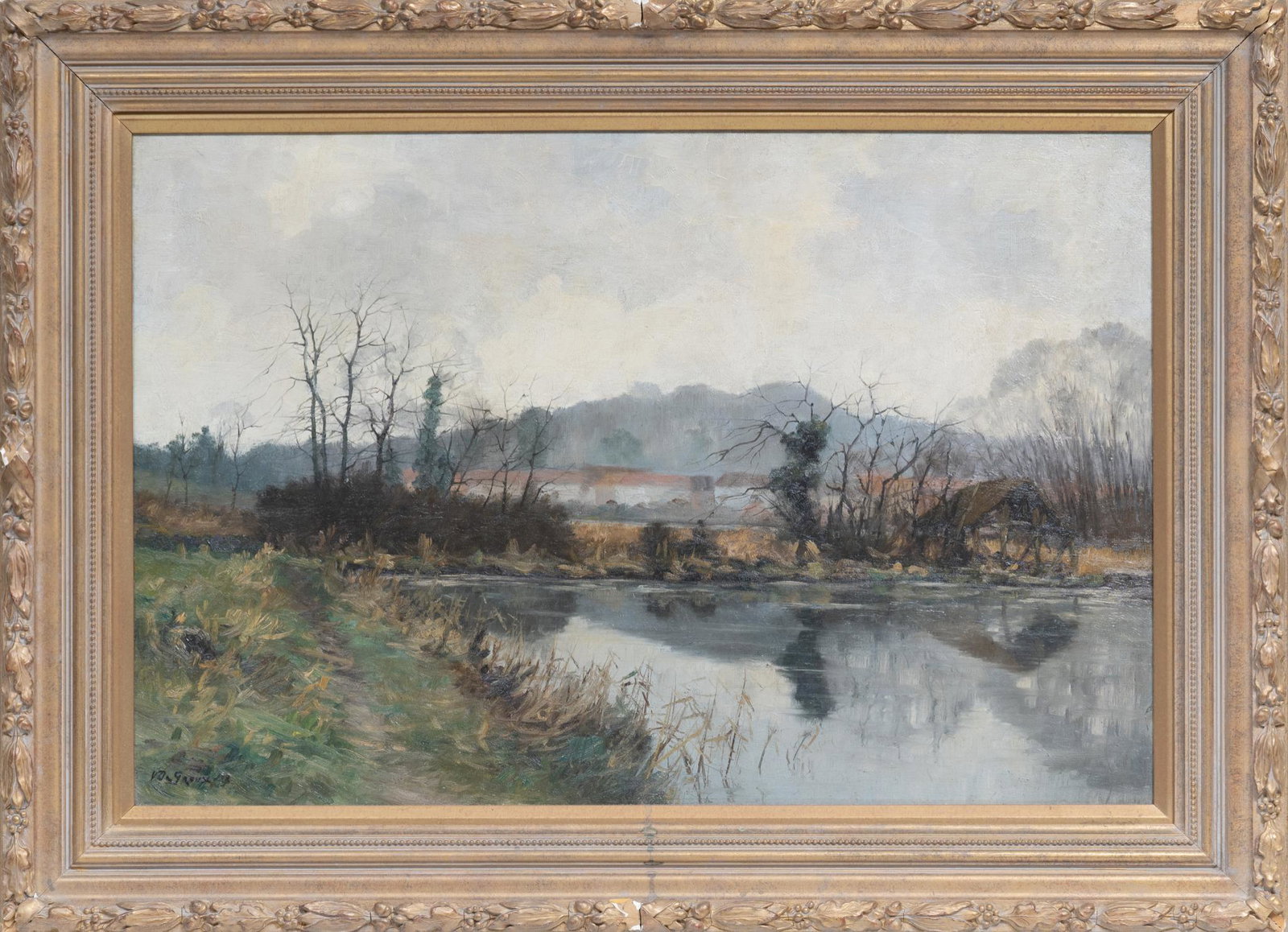 Victor de Groux (1895-1973), "A River Landscape", 1928: Victor de Groux (1895-1973), "A River Landscape", oil on canvas, 1928, sight: 20 x 30", frame: 26 x 36" Provenance: The Collection of Glen McKenzie, Spring Branch, Texas Born in Brusse