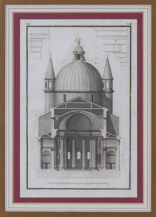 Andrea Palladio, Architecture Engraving, 1846: Andrea Palladio, Italian architecture print taken from an 1846 volume, &#34;Le Fabriche e I Disegni di Andrea Palladio&#34;, Geneva 1846, edited by Giovanni Decamilli, image: 16 x 22&#34;, frame: 28 x