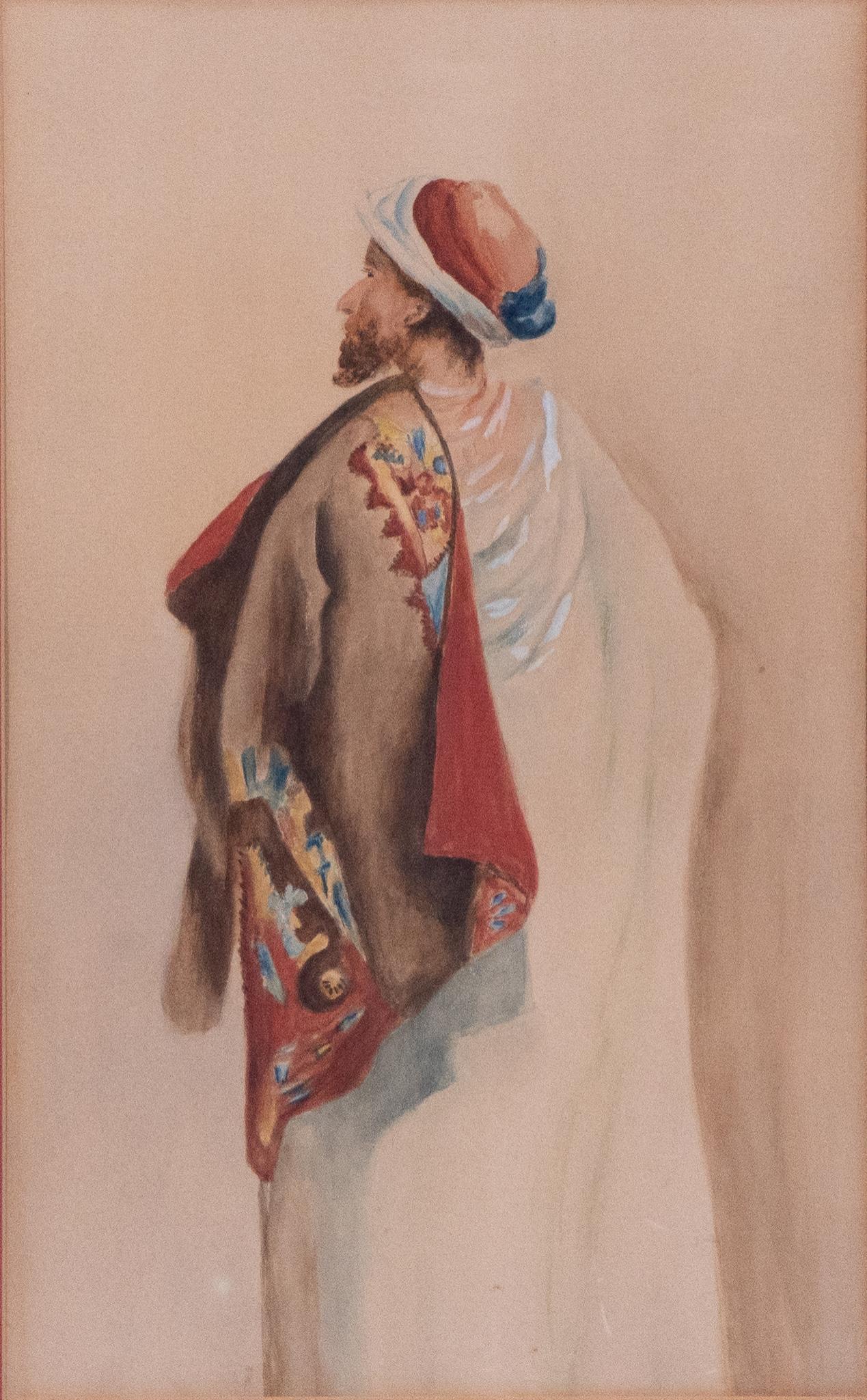 Middle Eastern Portrait, Watercolor: Middle Eastern portrait, watercolor, artist unknown, image: 18 x 11", frame: 26 x 19" Provenance: A San Antonio, Texas collection We happily provide seamless shipping services on everything we sell. P