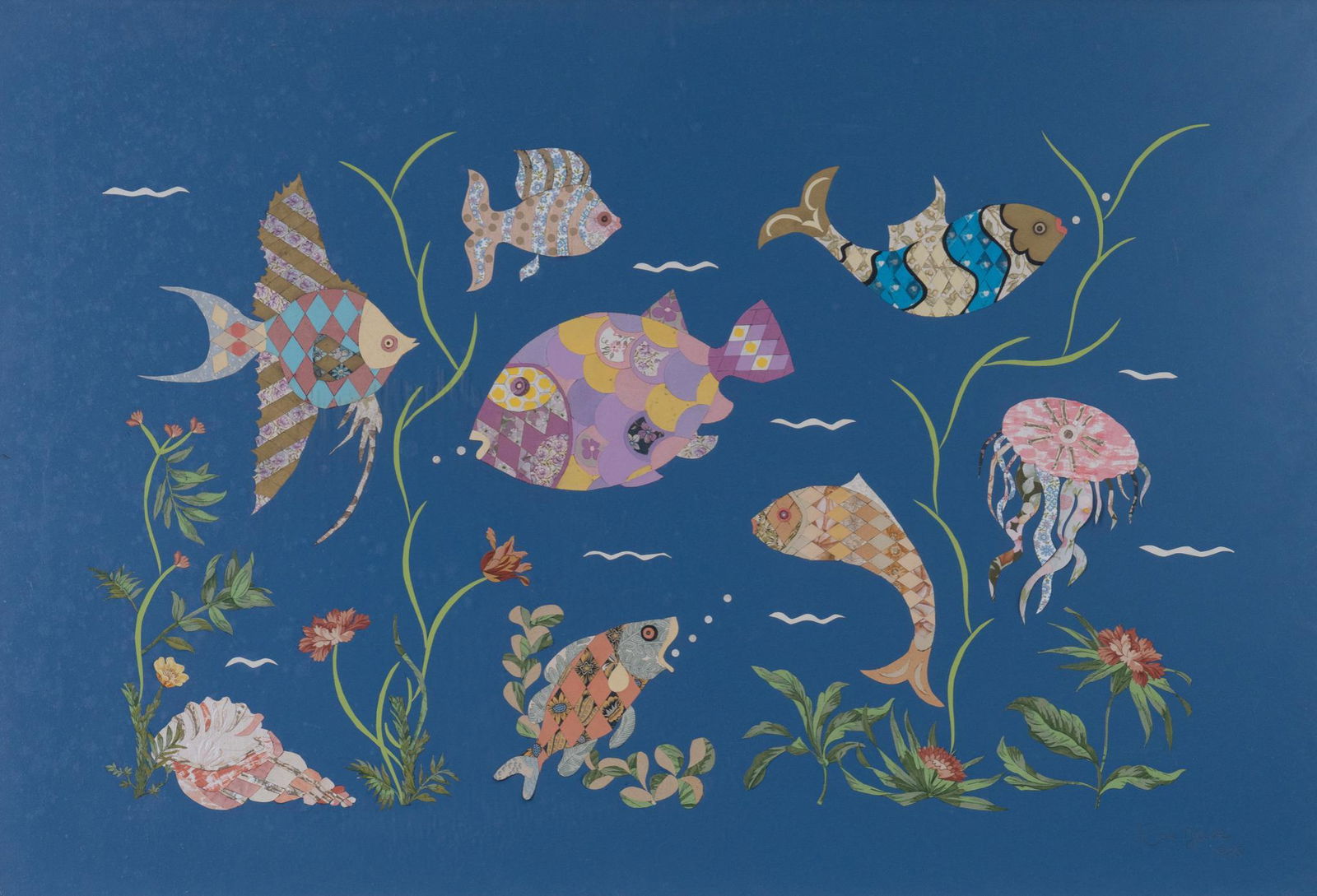 Fish Collage, Mixed Media: Fish collage, mixed media, sight: 24.5 x 36", frame: 26.5 x 38.5" Provenance: Property from The Northrup Ranch, Pipe Creek, Texas We happily provide seamless shipping services on everything