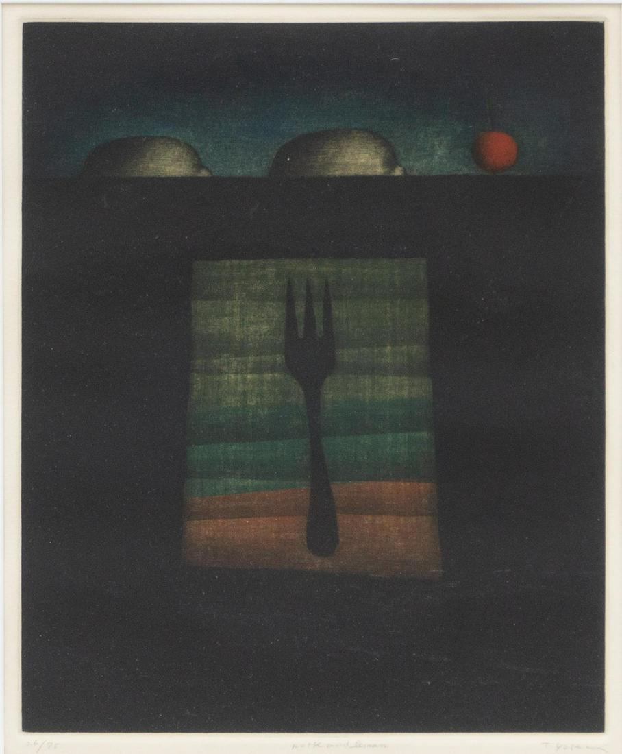 Tomoe Yokoi (20th C.), "Fork and Lemon": Tomoe Yokoi (20th C.), "Fork and Lemon", signed and numbered etching, numbered 26/75, frame: 26 x 22" Provenance: A Bulverde, Texas collection We happily provide seamless shipping servic