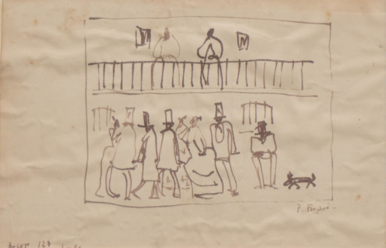 (2) Abstracted Line Art, Figari & Rouault: Attributed to Pedro Figari, abstract figures, ink on paper; Georges Rouault, "Les Visages", lithograph, image: 8 x 12", frame: 14 x 18" Provenance: A San Antonio, Texas collection We happily provide