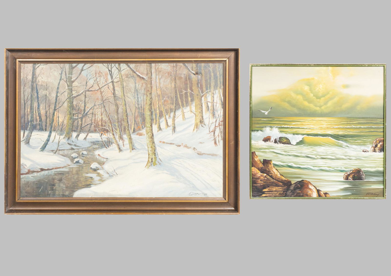 (2) Large Landscapes, Oil on Canvas: Two Large Landscapes, oil on canvas, to include V. Jespersen's "Snow Creek" (frame: 28 x 39") and M. T. King's "Seascape and Gull" (frame: 36.5 x 36.5") Provenance: An
