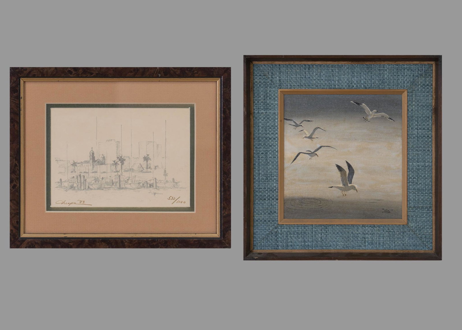 Seagulls Painting & Chispa Print (2): Seagulls Painting, oil on board, sight 9.5 x 9", frame 16 x 15.5"; Chispa print, 532/1000 Provenance: A San Antonio, Texas collection We happily provide seamless shipping services on everythin