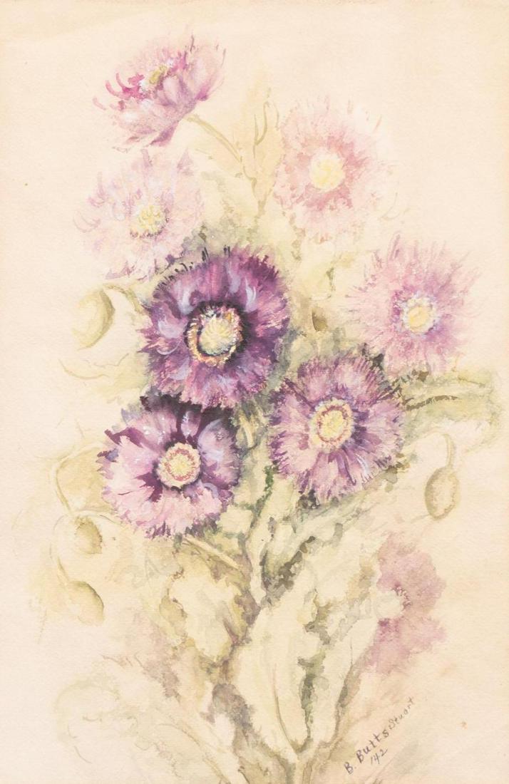 B. Butke Stuart, Purple Flowers, 1942: B. Butke Stuart, Purple Flowers, 1942, watercolor, sight: 17 x 11", frame: 25 x 18" Provenance: An Adkins, Texas collection We happily provide seamless shipping services on everything we sell.