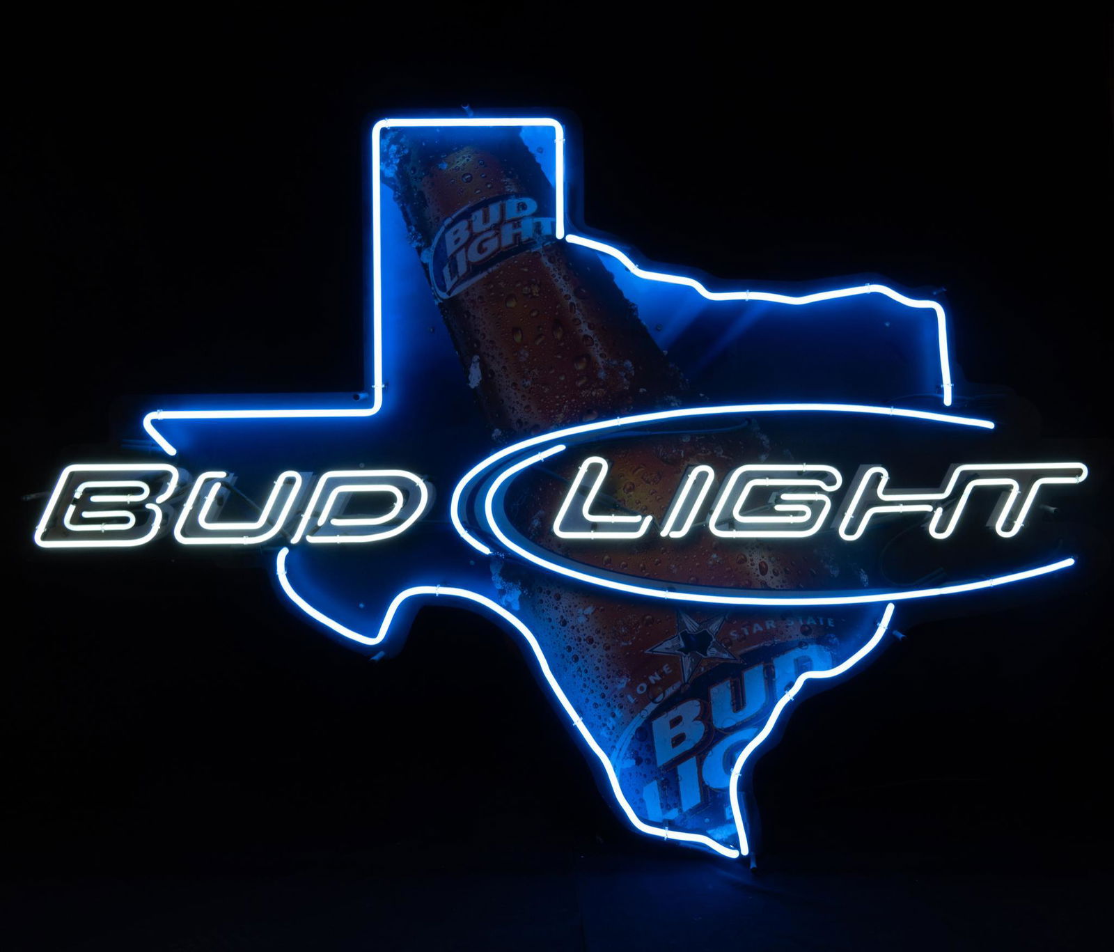Bud Light Beer Neon Sign: Single-sided Bud Light Beer neon advertising sign, featuring blue Texas shaped frame with white lettering, supported on acrylic backing depicting glass bottle motif, in working condition 51"h x 71"w