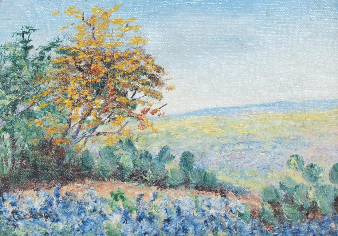 Josephine Polley Golson (1869-1956, TX), Bluebonnets: Josephine Polley Golson (1869-1956, TX), Bluebonnets, oil on canvas, framed, signed sight: 4.5 x 6.5", frame: 10.5 x 12.5" Provenance: A San Antonio, Texas collection We happily provide seamless shipp