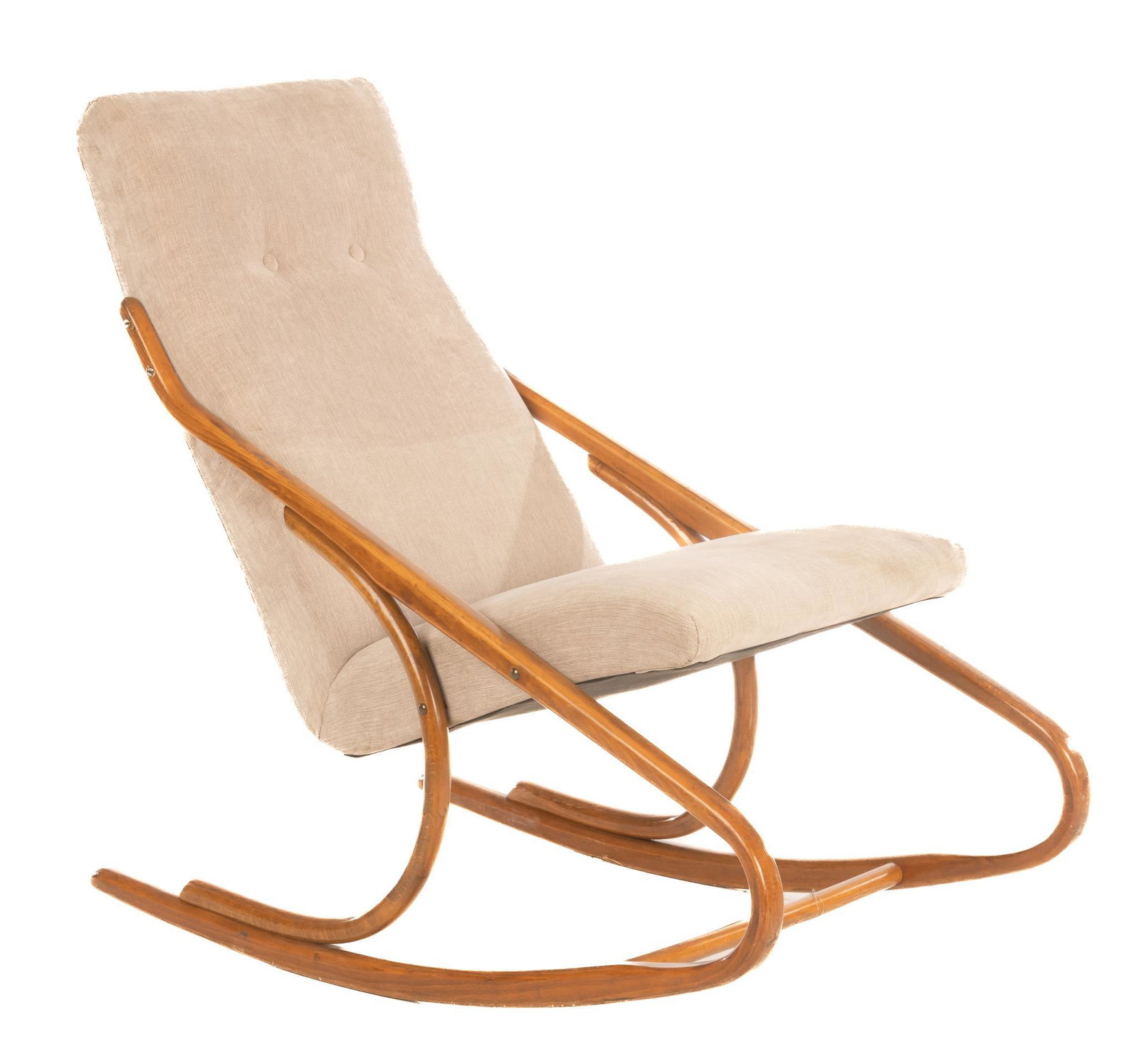 After J. Halabala, Art Deco Style Rocking Chair: Art Deco style rocking chair, design after J. Halabala , having beige upholstery, supported on curved rockers 35"h x 22"w x 37"d We happily provide seamless shipping services on everything we sell. Pl