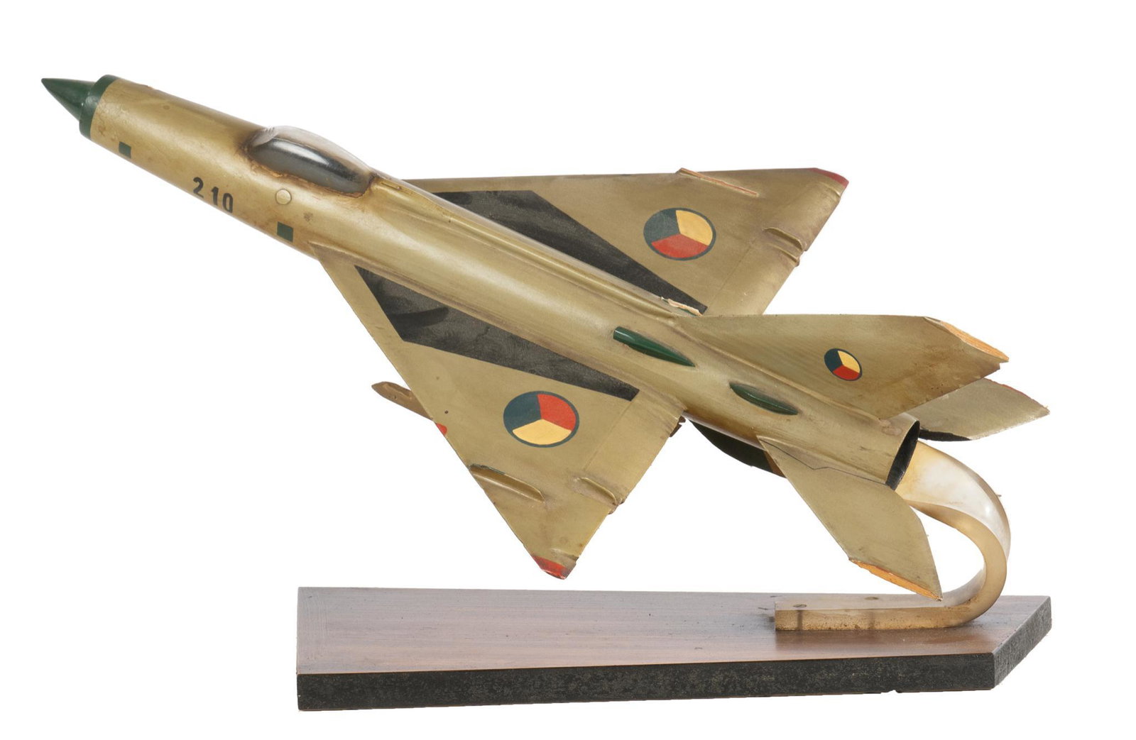 Model Airplane: Wooden model airplane, having hand-painted design, supported on wooden base 11"h x 23"w x 11"d We happily provide seamless shipping services on everything we sell. Please email us at shipping@vogtauct