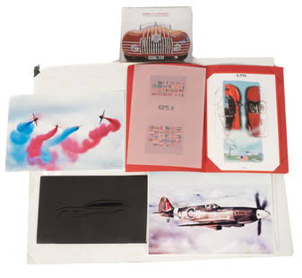 Ferrari Coffee Table Book and Antique Aircraft Photos: Enrico Ghinato, "L'Auto, La Forma E I Riflessi" coffee table book, a reproduction of Enzo Naso's "World Tour 2017: USA, Pebble Beach", and a collection of antique airplane photos 10"h x 12"w x 1"d P