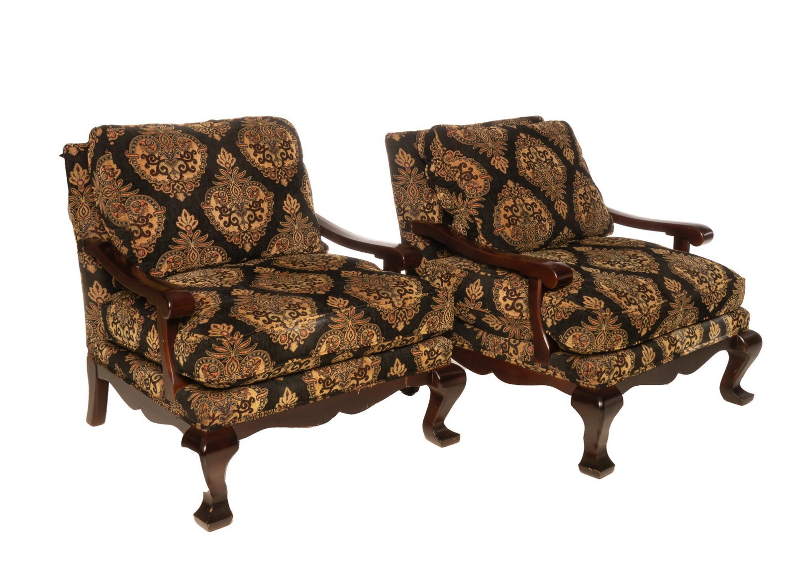 Pair of Berger Chairs: Pair of damask upholstered berger chairs, featuring a carved apron, rising on scroll legs 36"h x 30"w x 32"d Provenance: Property from a Terrell Hills, Texas mansion We happily provide seamless shippi