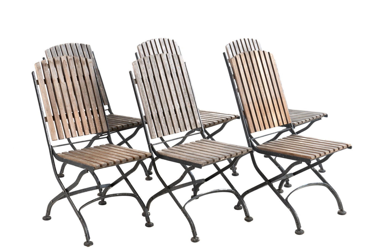Set of (6) Patio Chairs: Set of six patio chairs, with wooden slat seat and back, supported on iron frames, collapsible 35"h x 16"w x 26"d We happily provide seamless shipping services on everything we sell. Please email us a