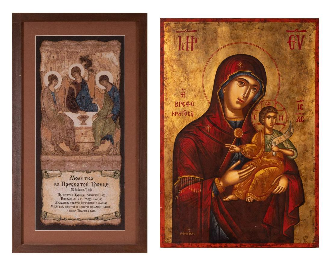 Pair of Eastern Orthodox Icons: Pair of Eastern Orthodox painted icons, depicting The Holy Trinity, The Madonna and Child, to include work painted with traditional materials, egg tempera and gold leaf largest: 23 x 16" We happily pr