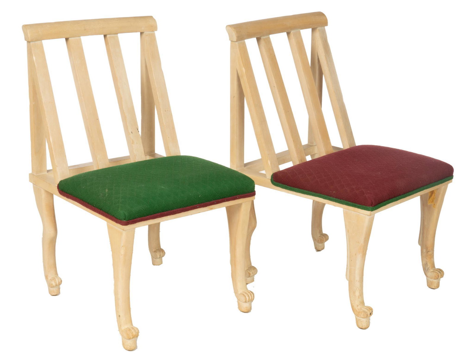 Pair of Egyptian Revival Style Dining Chairs: Pair of matching Egyptian Revival style dining chairs, having red and green upholstery, rising on paw feet 37"h x 20"w x 24"d Provenance: A San Antonio, Texas collection We happily provide seamless sh