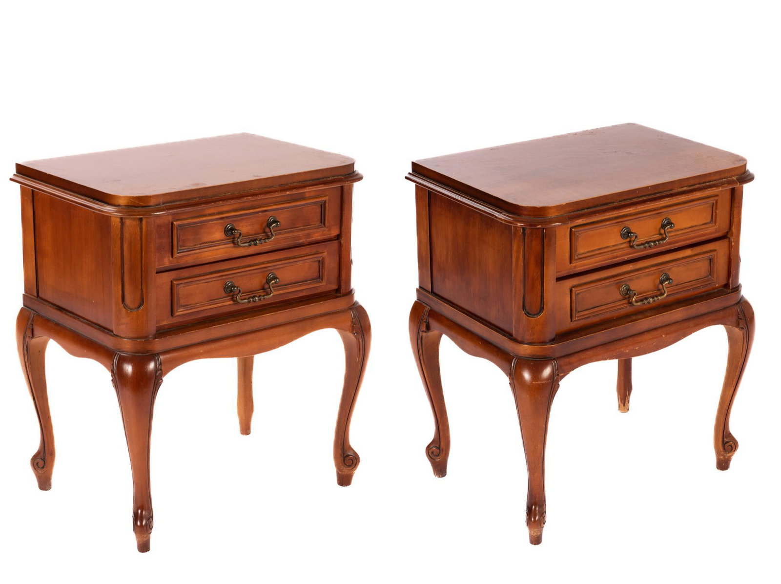 Pair of Louis Philippe Style Nightstands: Pair of matching Louis Philippe style wooden nightstands, having two drawers, featuring scroll motif, rising on cabriole legs 24"h x 20"w x 14"d Condition: light scratches in wood stain We happily pro