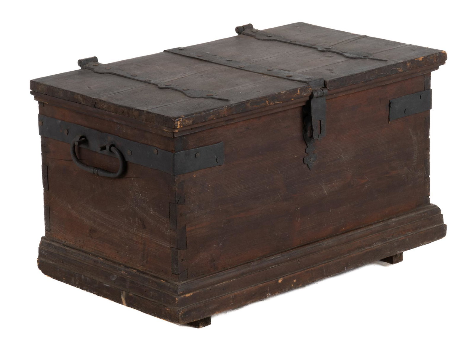 Wooden Chest with Iron Banding: Wooden chest, having iron banding, handles, hinge top leading to interior storage, featuring floral upholstery remnants, supported on block legs 17.5"h x 29.5"w x 17.5"d We happily provide seamless sh