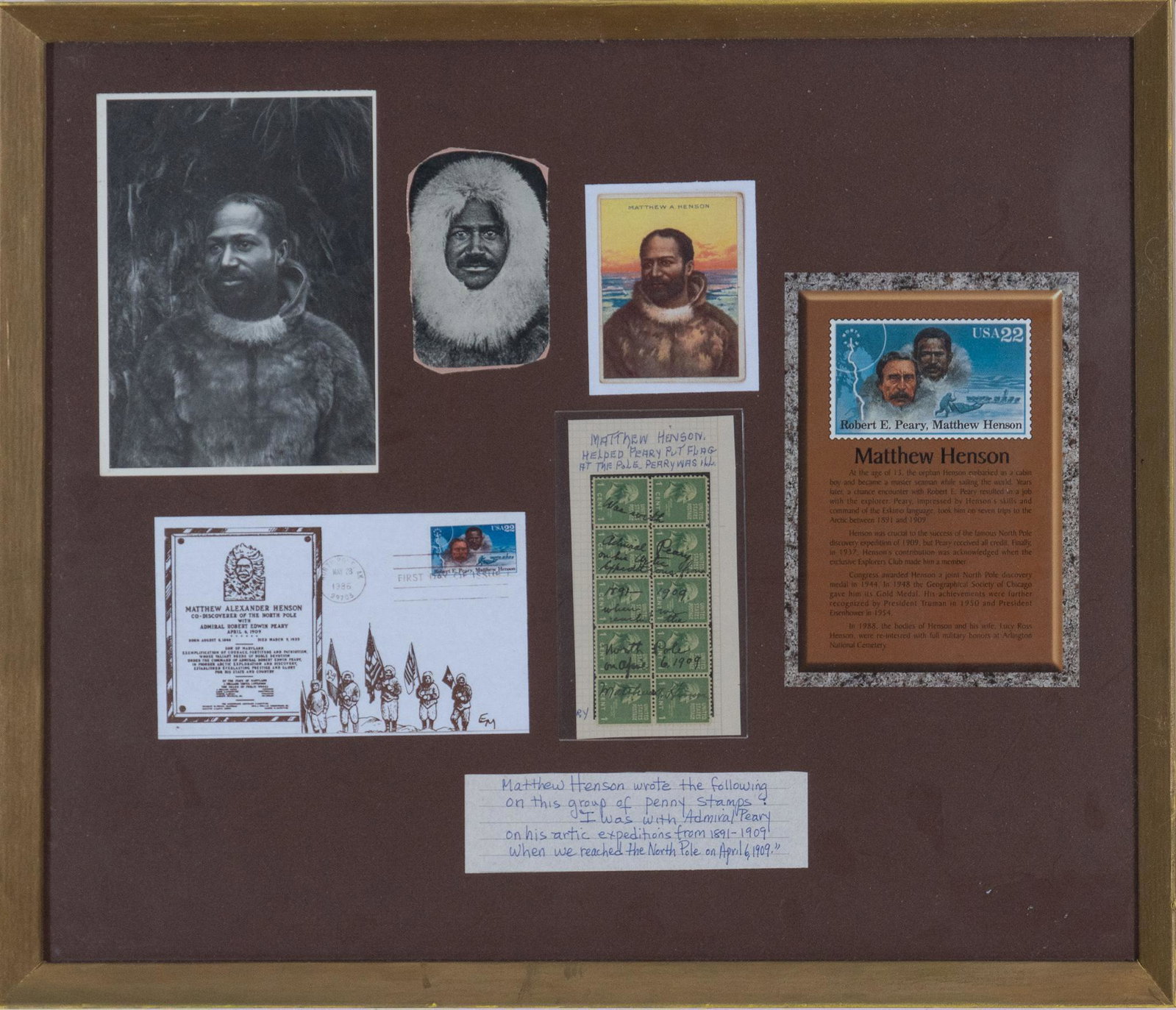 Historic Message & Penny Stamps, 1909: Historic Message & Penny Stamps, 1909 frame: 17 x 20" Provenance: A Rockport, Texas collection Quote considering that Matthew Henson was the first to reach the North Pole.