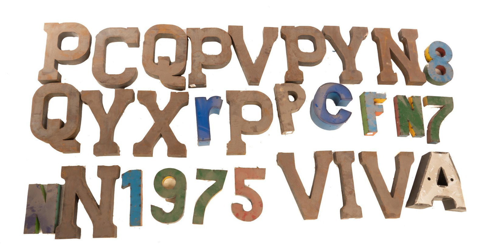 Set of Rustic Number and Letter Signs: Set of rustic metal number and letter signs 19"h x 13"w x 3"d / largest Provenance: A Houston, Texas collection We happily provide seamless shipping services on everything we sell. Please email us at 