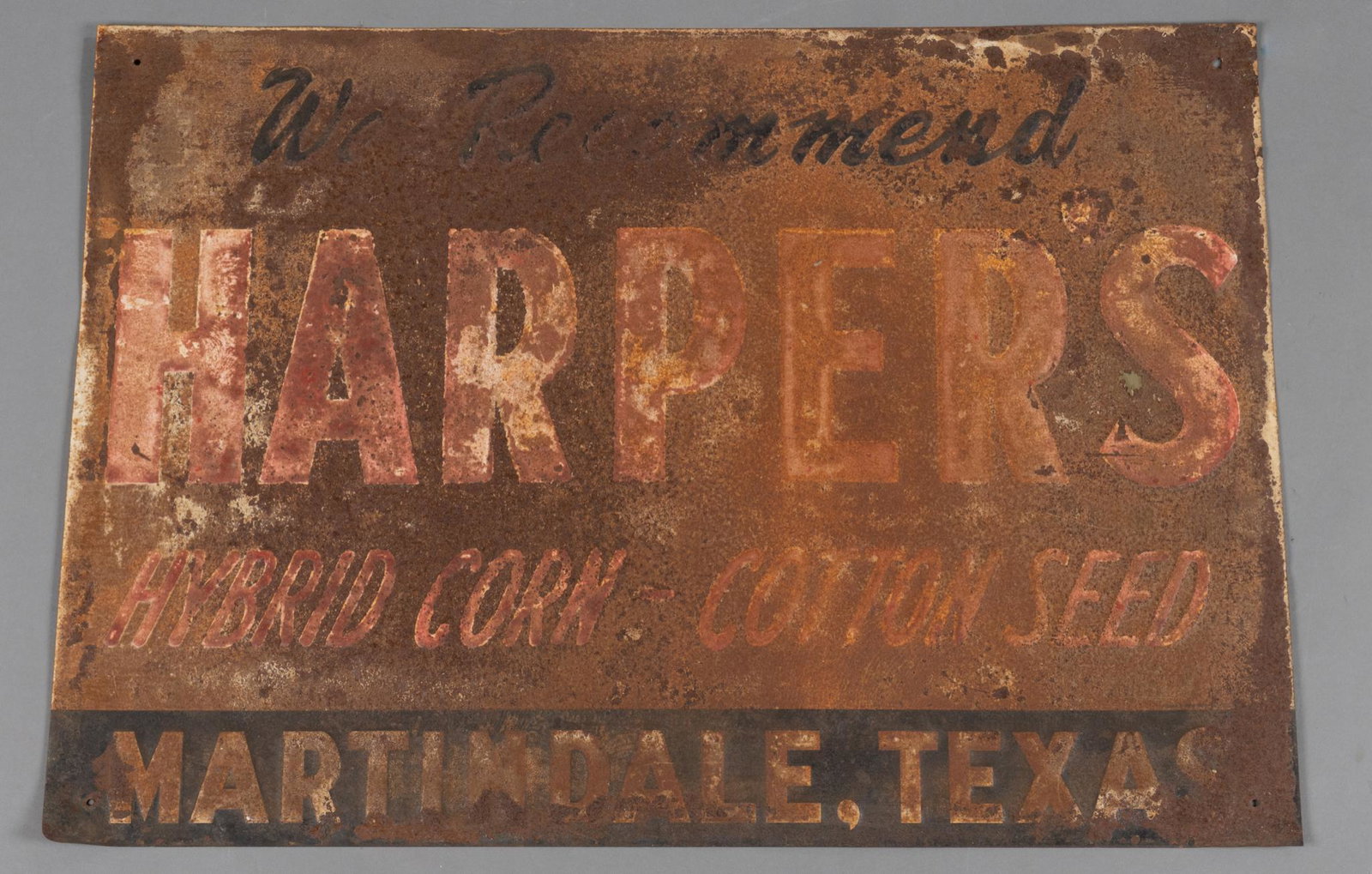 Harper's Hybrid Corn Cotton Seed Advertising Sign: Vintage Harper's Hybrid Corn Cotton Seed single sided metal advertising sign, having white lettering on red field 20"h x 28"w Provenance: A Canyon Lake, Texas collection We happily provide seamless sh