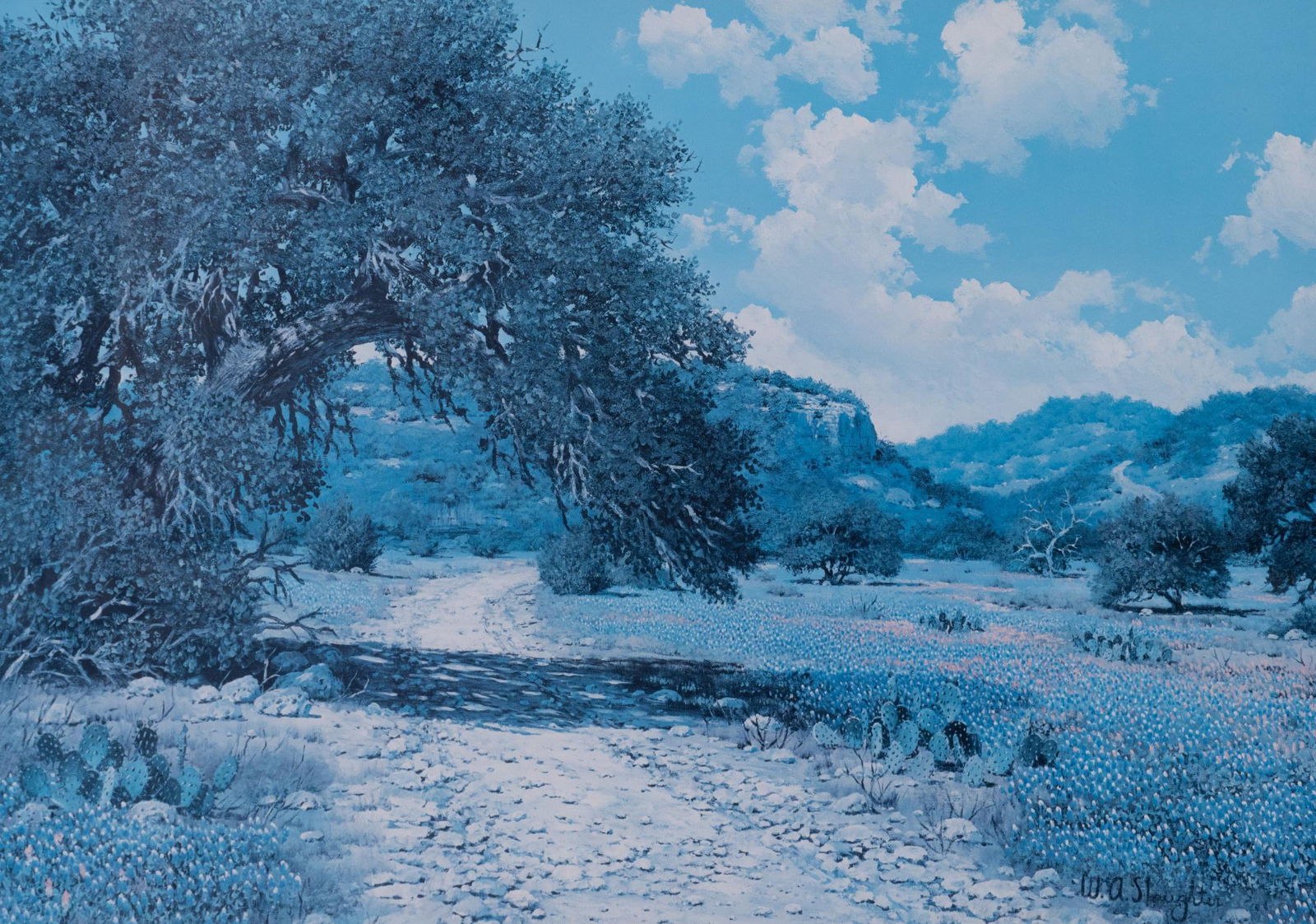William A. Slaughter (1923-2003, TX), "Blue Skies": William A. Slaughter (1923-2003, TX), "Blue Skies", print, signed, framed, to include COA, sight: 19 x 27", frame: 30 x 38" William A. Slaughter was born in San Antonio. His first call was to the min