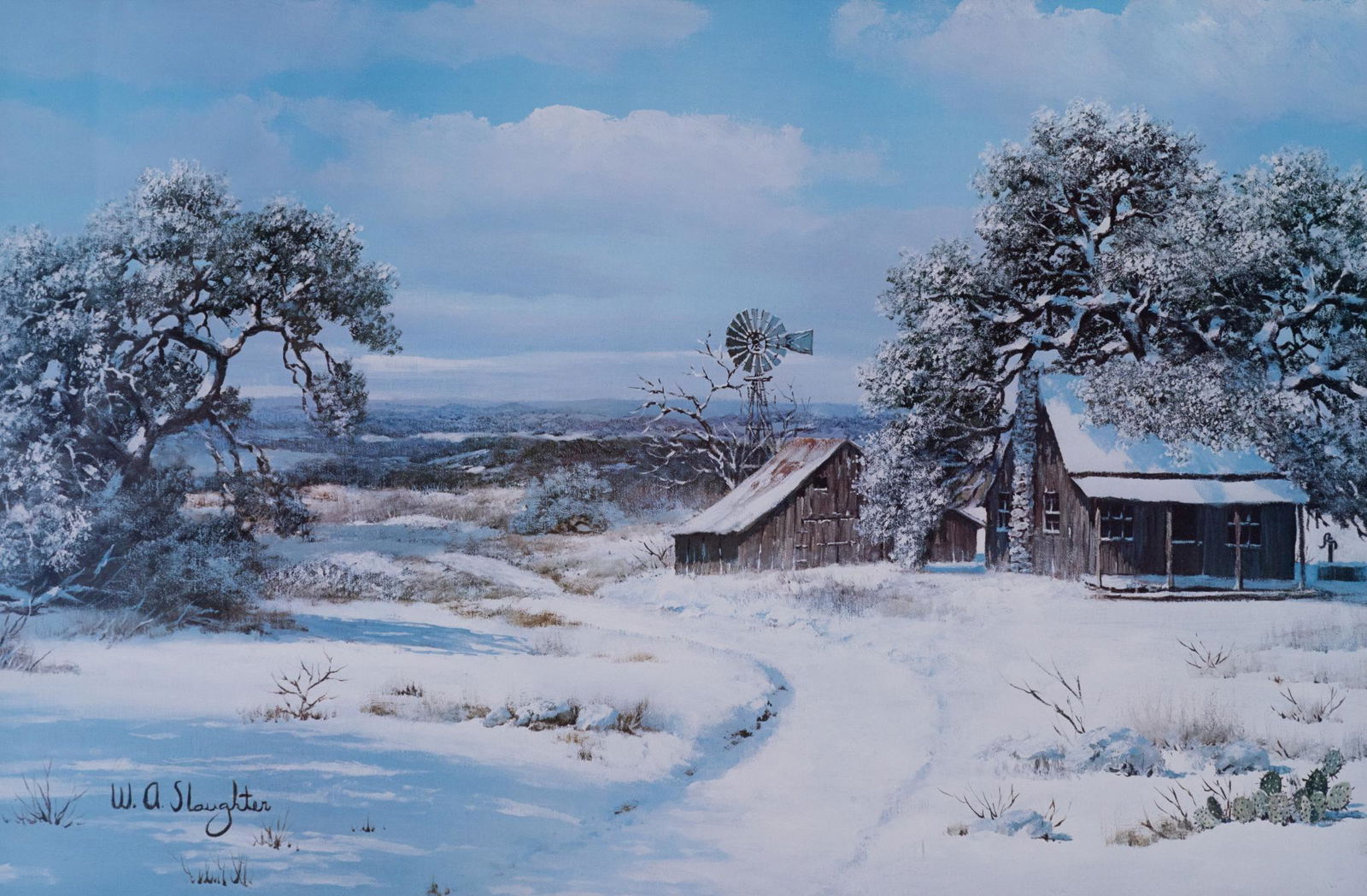 William A. Slaughter (1923-2003, TX), "Winter Snow": William A. Slaughter (1923-2003, TX), "Winter Snow", print, image: 19 x 27", frame: 27 x 36" Provenance: Property from a Cordillera Ranch, Texas mansion William A. Slaughter was born in San Antonio.