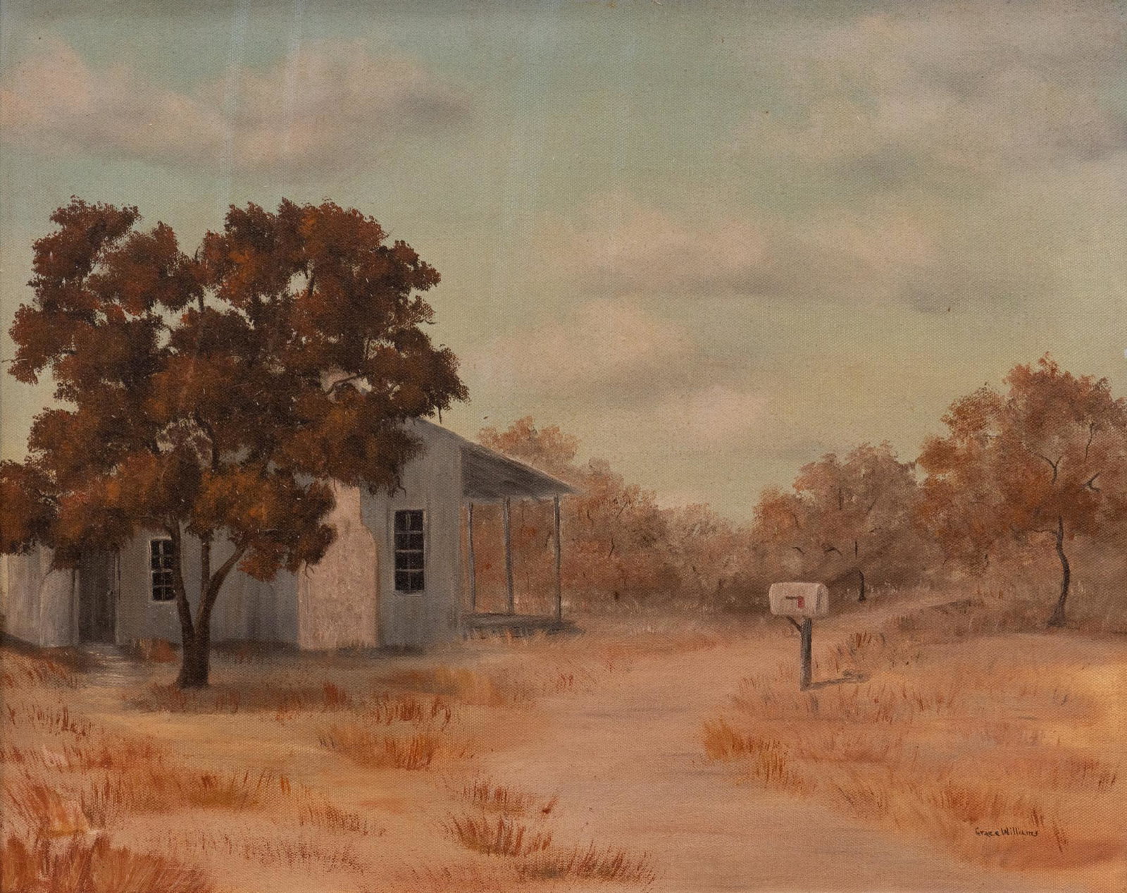 Grace Williams (1909-2001, TX), Autumn Farmhouse: Grace Williams (1909-2001, TX), Autumn Farmhouse, oil on canvas, signed, framed, sight: 14 x 15", frame: 17 x 18" Provenance: A Rockport, Texas collection We happily provide seamless shipping services