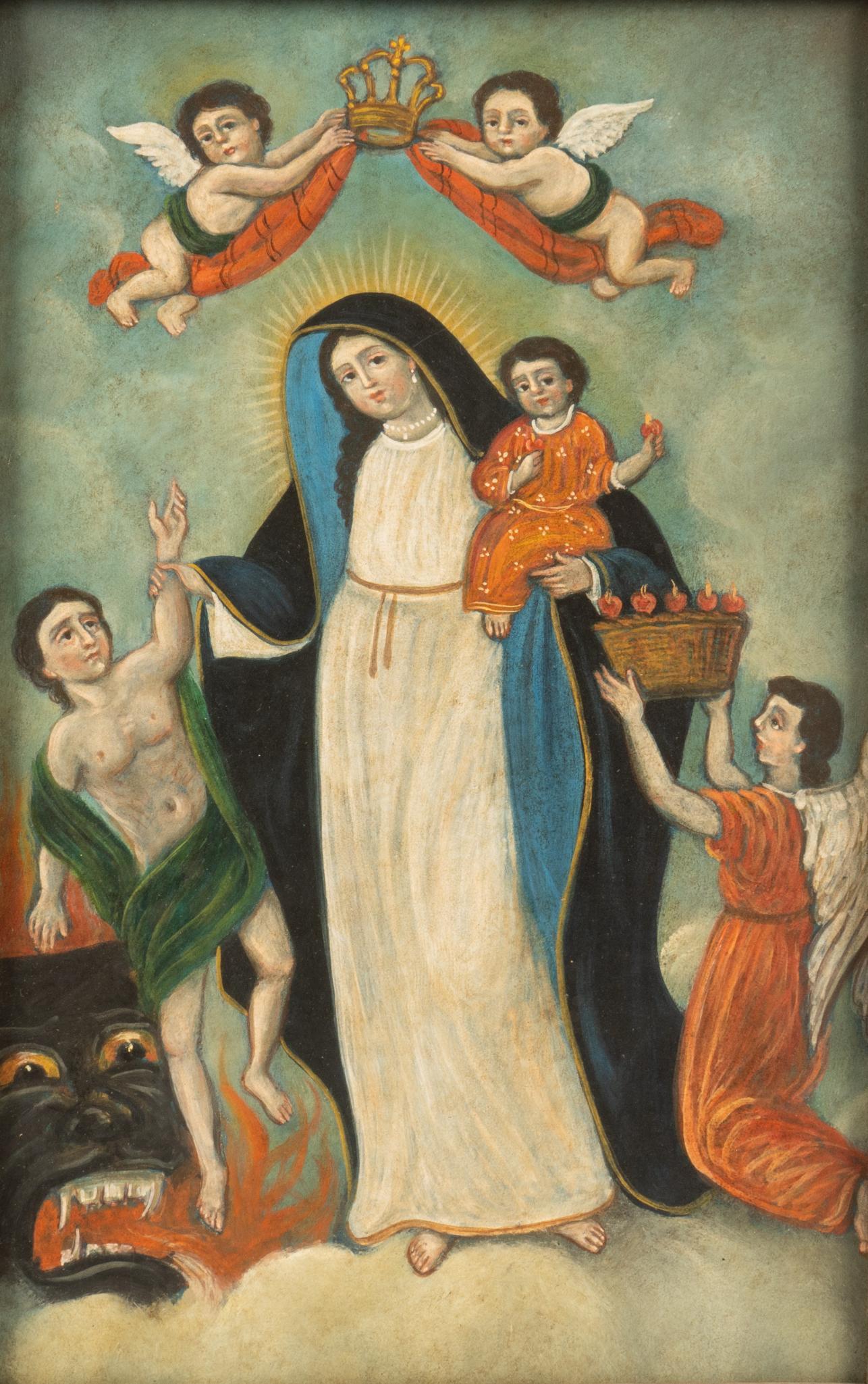 19th C. Mexican Retablo, Our Lady of Light: Mexican Retablo, depicting Our Lady of Light, oil on tin, framed, circa 19th century 13" x 9" Provenance: A Universal City, Texas Estate We happily provide seamless shipping services on eve