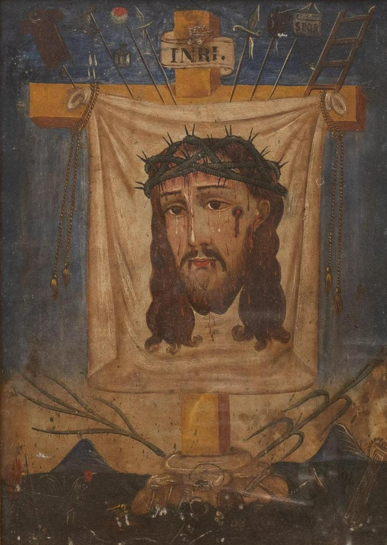 19th C. Mexican Retablo, El Rostro Divino: Mexican retablo, depicting El Rostro Divino (The Divine Face/ The Veil of Veronica), affixed to a crucifix, surrounded by Arma Christi (instruments of the passion), oil on metal, framed behind glass, 